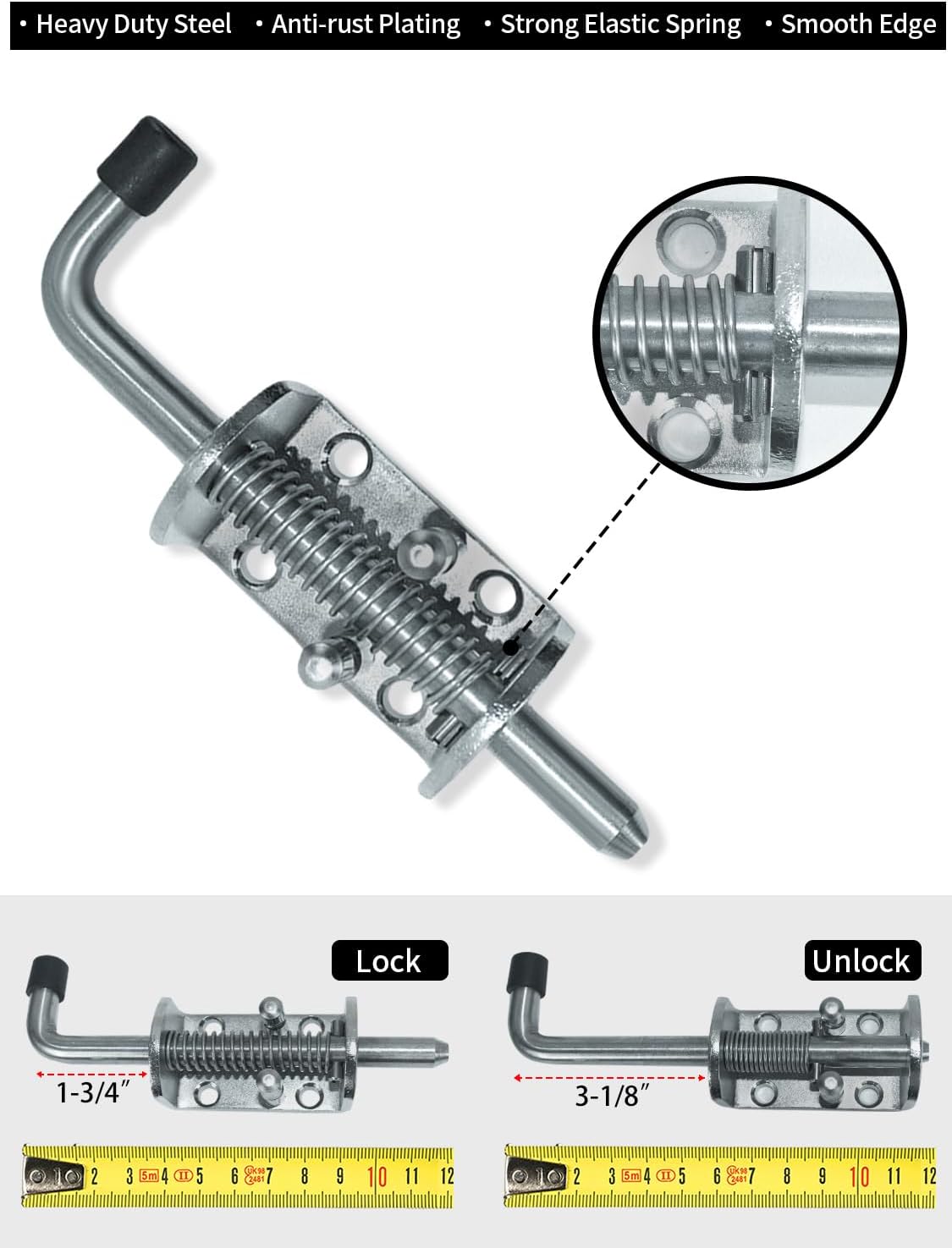 Spring Loaded Gate Latch Pin Barrel Bolt 6in x 1/2in Stem Durable Zinc Plated Solid Steel Heavy Duty for Tailgate - 2pcs - Image 3