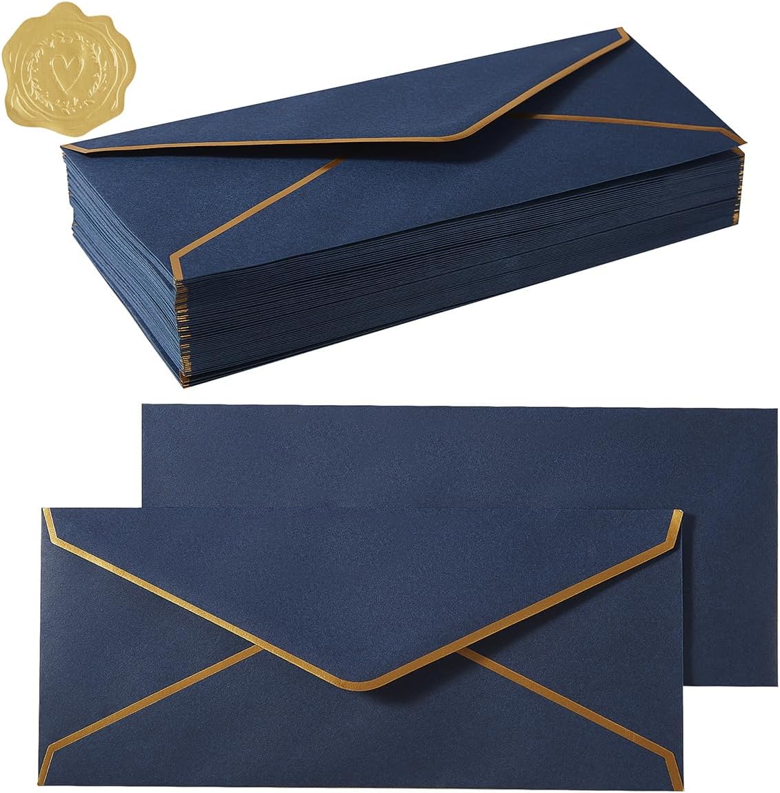 100 Pack #10 Business Envelopes with Gold Border, Self Seal Standard Envelopes with Gold Stickers for Office, Checks, Letter Mailing, Invoices, 4 1/8 x 9 1/2 Inches (Navy Blue) - Image 1
