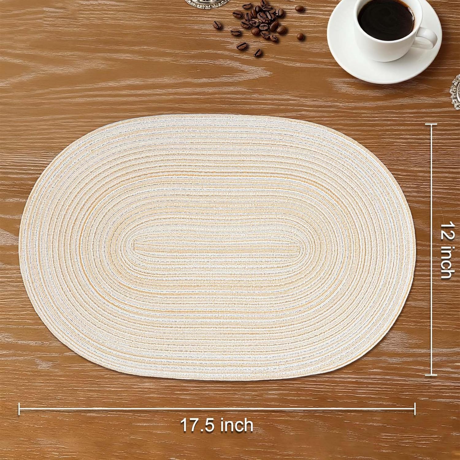 Oval Braided Placemats Set of 6 Woven 12x17.5 Inch Non Slip Washable Heat Resistant Place Mats Round Tablemats for Dining Kitchen Party Daily Table Decor Dinner Mats (Beige, 6) - Image 2