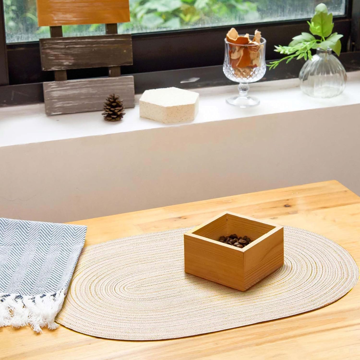Oval Braided Placemats Set of 6 Woven 12x17.5 Inch Non Slip Washable Heat Resistant Place Mats Round Tablemats for Dining Kitchen Party Daily Table Decor Dinner Mats (Beige, 6) - Image 4