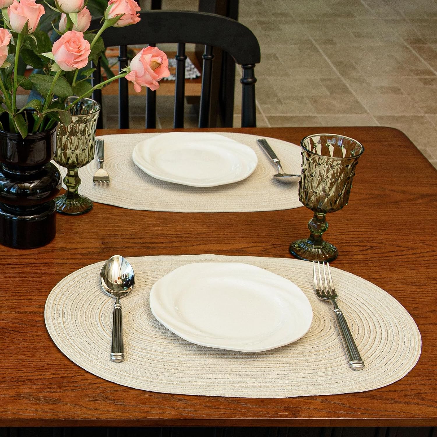 Oval Braided Placemats Set of 6 Woven 12x17.5 Inch Non Slip Washable Heat Resistant Place Mats Round Tablemats for Dining Kitchen Party Daily Table Decor Dinner Mats (Beige, 6) - Image 6