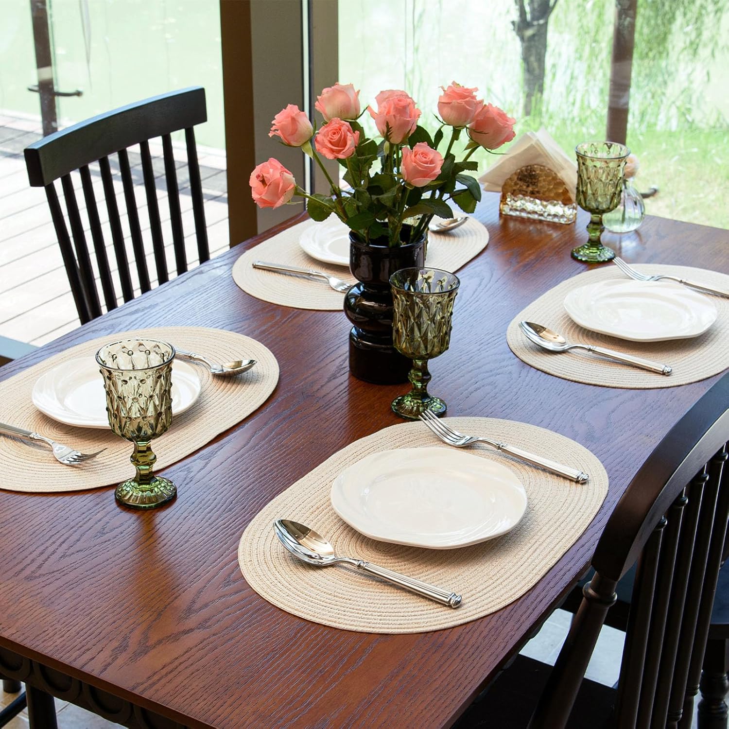 Oval Braided Placemats Set of 6 Woven 12x17.5 Inch Non Slip Washable Heat Resistant Place Mats Round Tablemats for Dining Kitchen Party Daily Table Decor Dinner Mats (Beige, 6) - Image 7