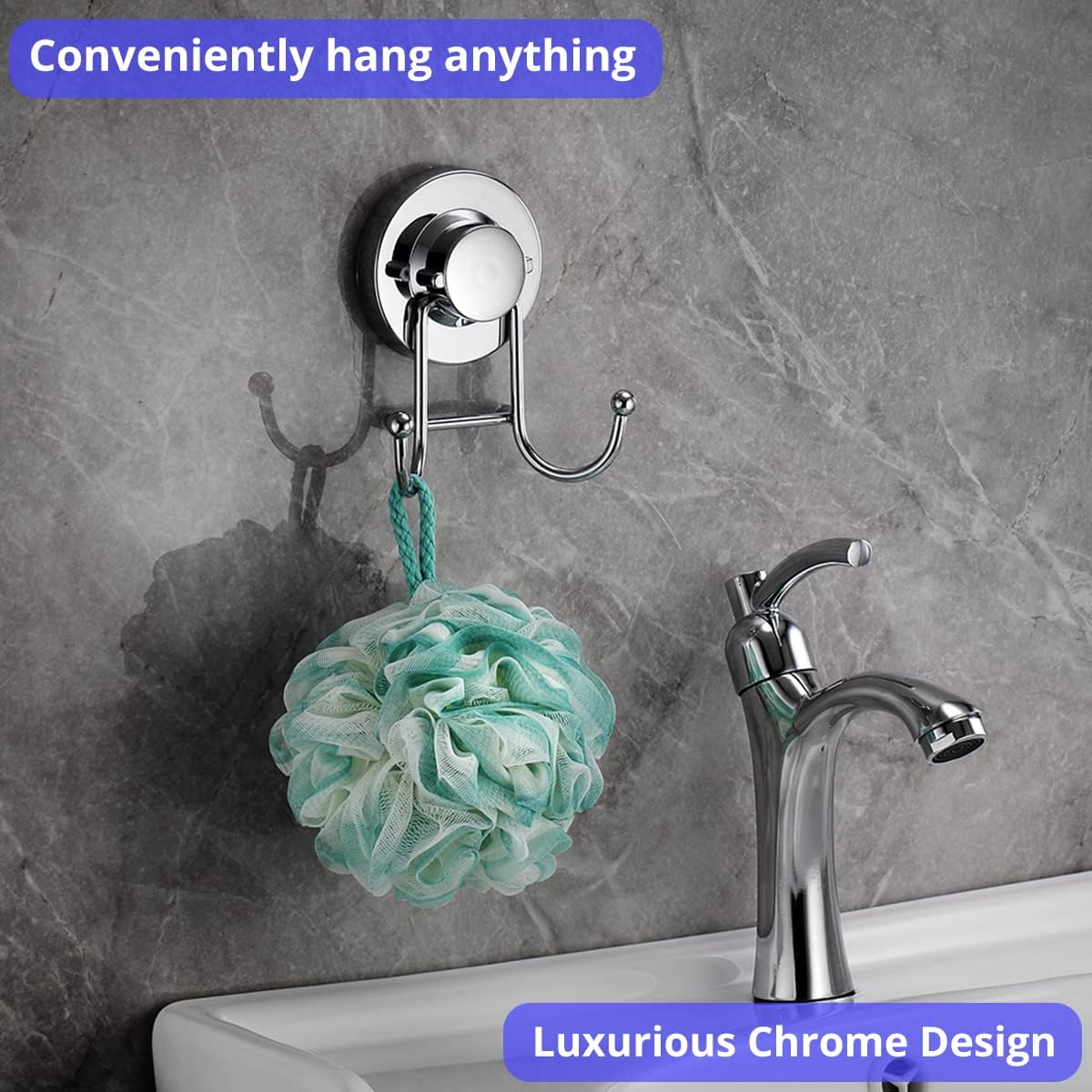 Suction Cup Hooks for Shower, Bathroom, Kitchen, Glass Door, Mirror, Tile – Loofah, Towel, Coat, Bath Robe Hook Holder for Hanging up to 15 lbs – Rustproof Chrome Stainless Steel (2-Pack) - Image 2