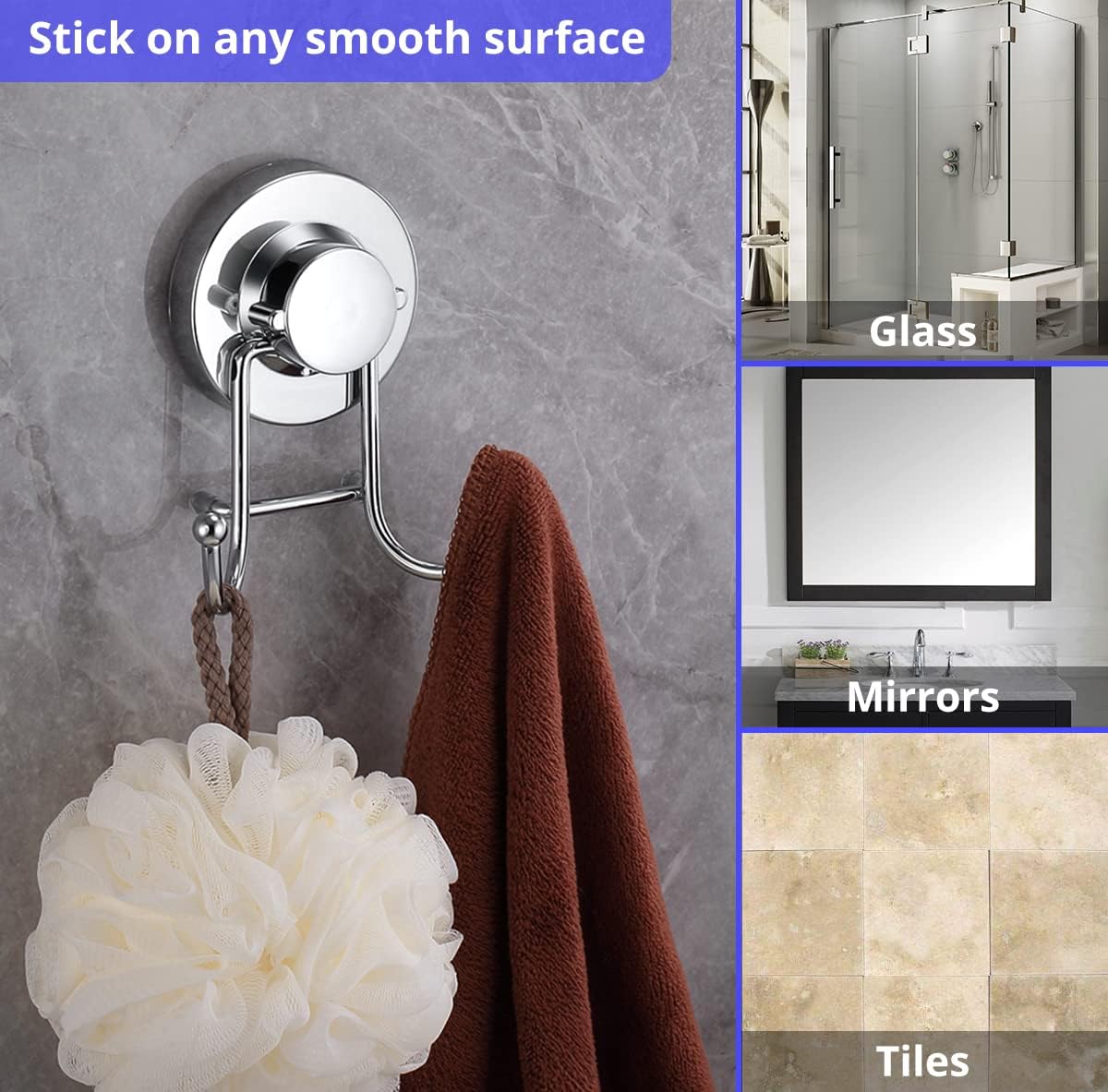 Suction Cup Hooks for Shower, Bathroom, Kitchen, Glass Door, Mirror, Tile – Loofah, Towel, Coat, Bath Robe Hook Holder for Hanging up to 15 lbs – Rustproof Chrome Stainless Steel (2-Pack) - Image 3