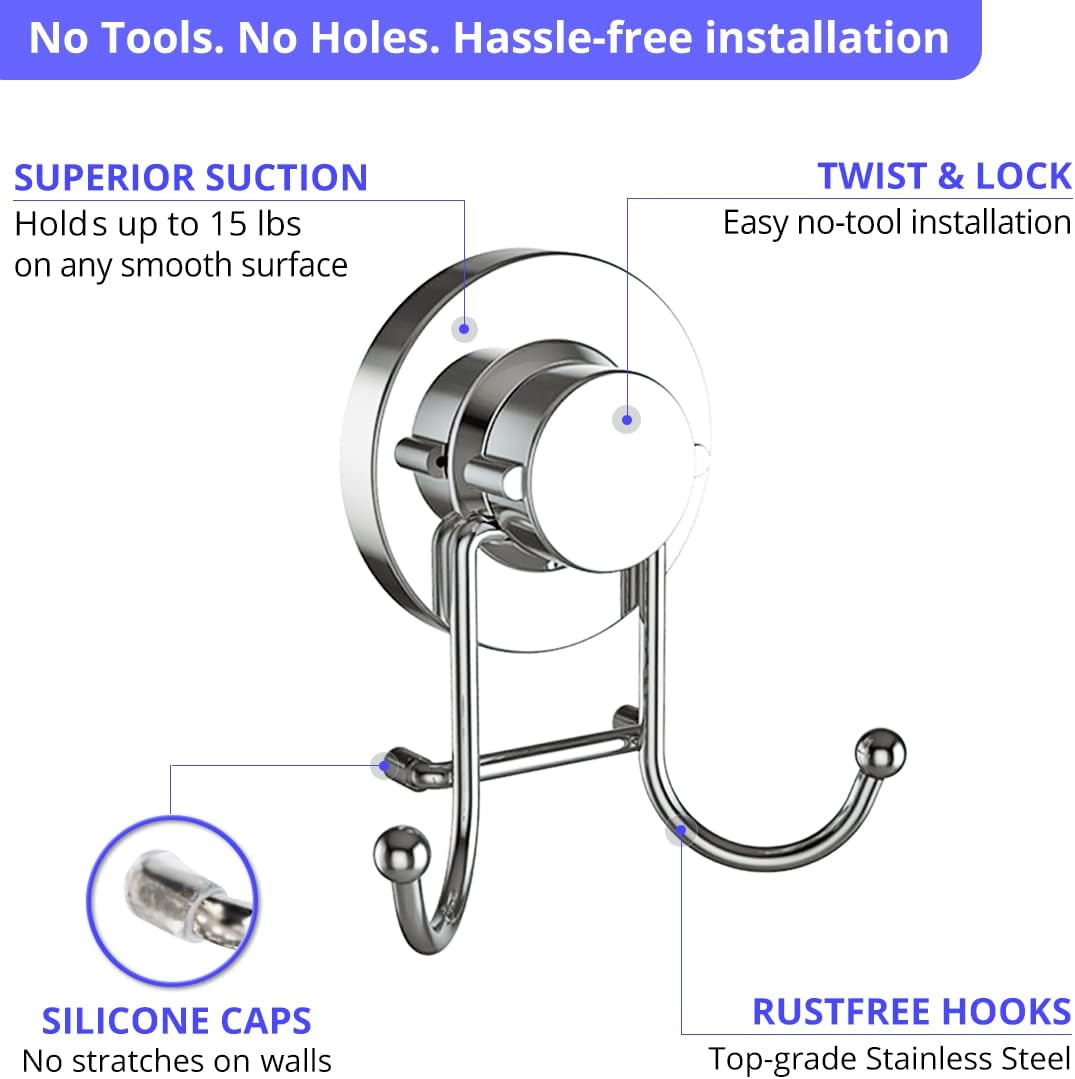 Suction Cup Hooks for Shower, Bathroom, Kitchen, Glass Door, Mirror, Tile – Loofah, Towel, Coat, Bath Robe Hook Holder for Hanging up to 15 lbs – Rustproof Chrome Stainless Steel (2-Pack) - Image 4