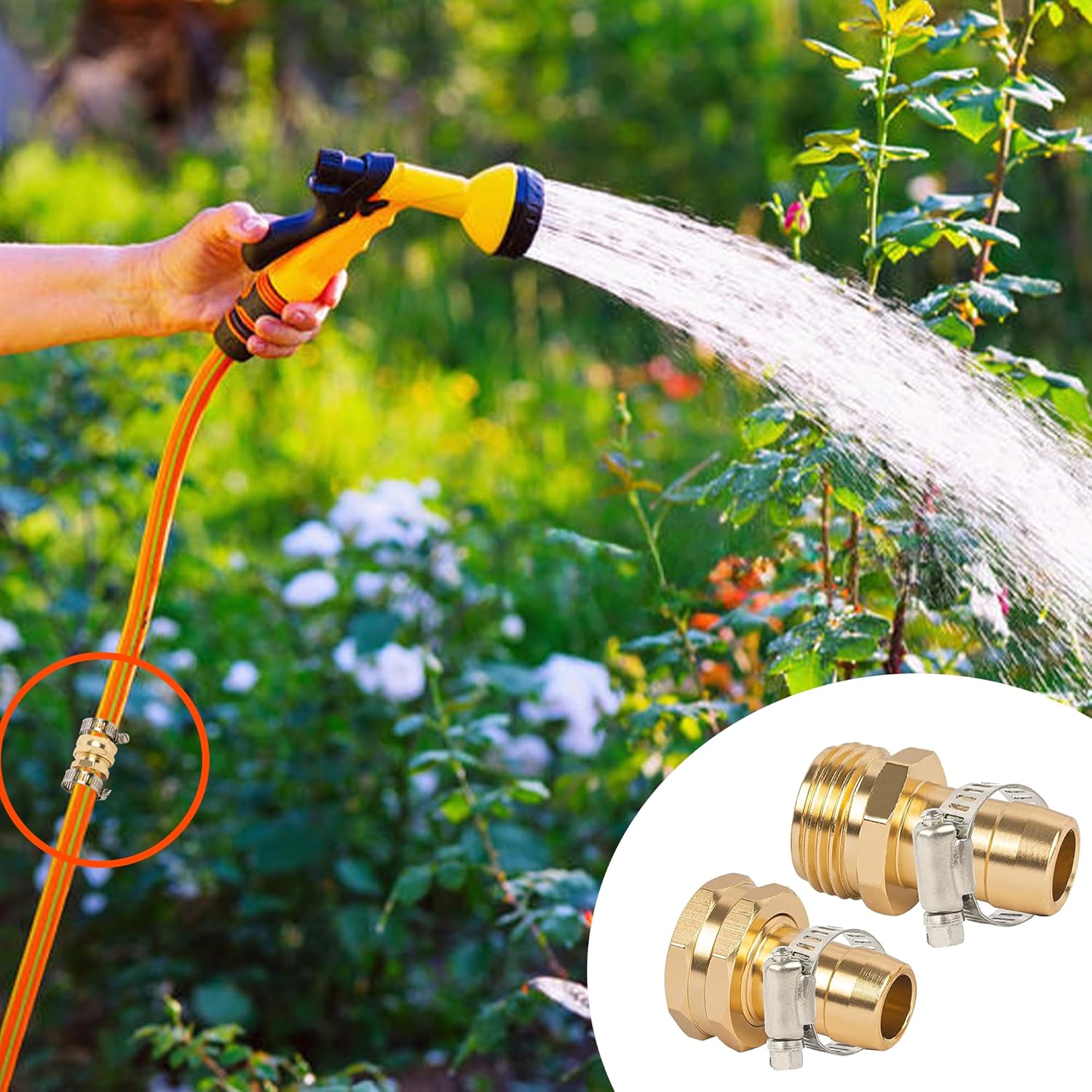 Garden Hose Repair Connector with Clamps, Fit for 3/4