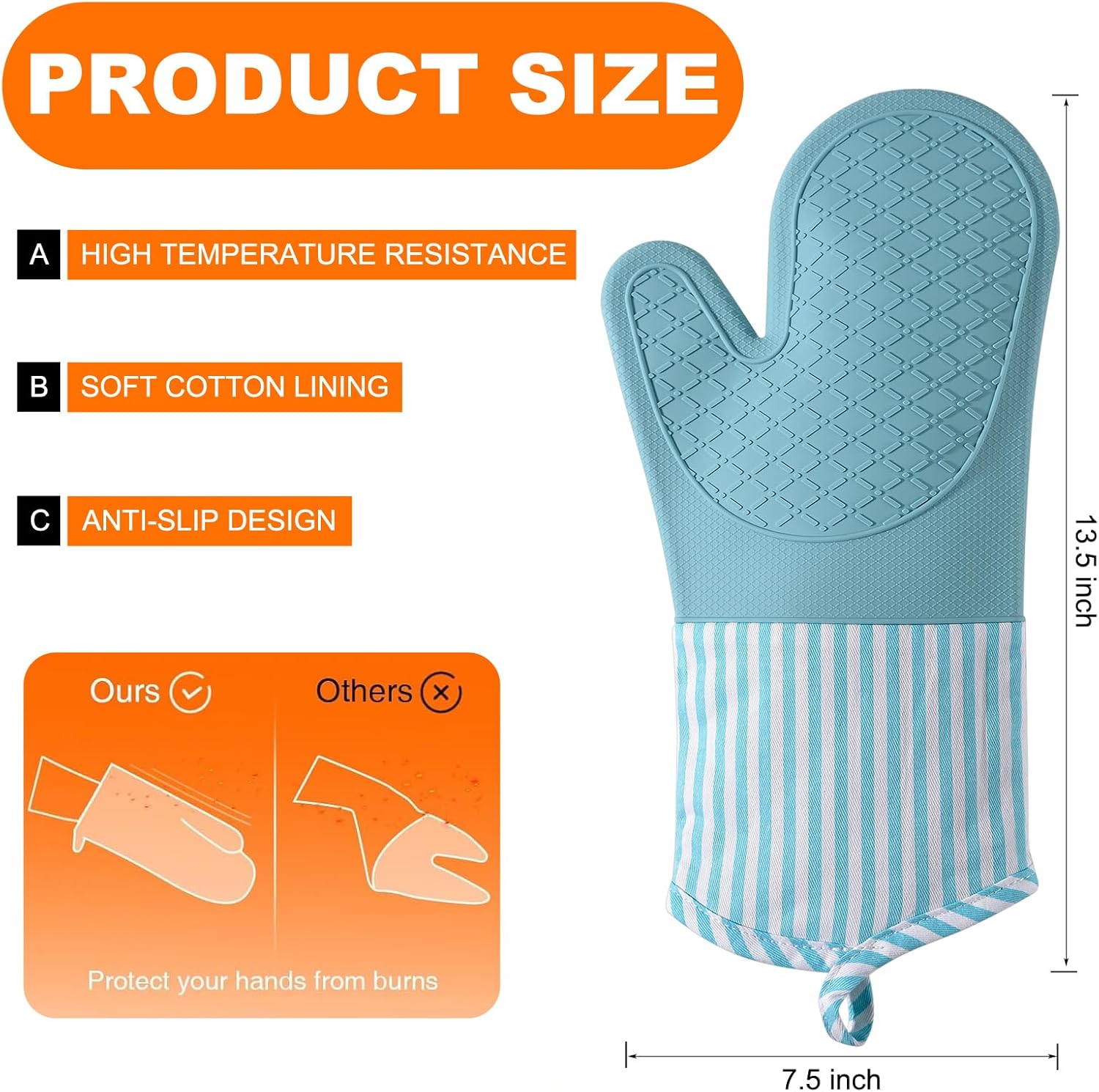 Silicone Oven Mitts, Heat Resistant Oven Gloves with Quilted Liner, Waterproof & Non-Slip Kitchen Mittens for Baking Cooking BBQ, 500°F, 13.5