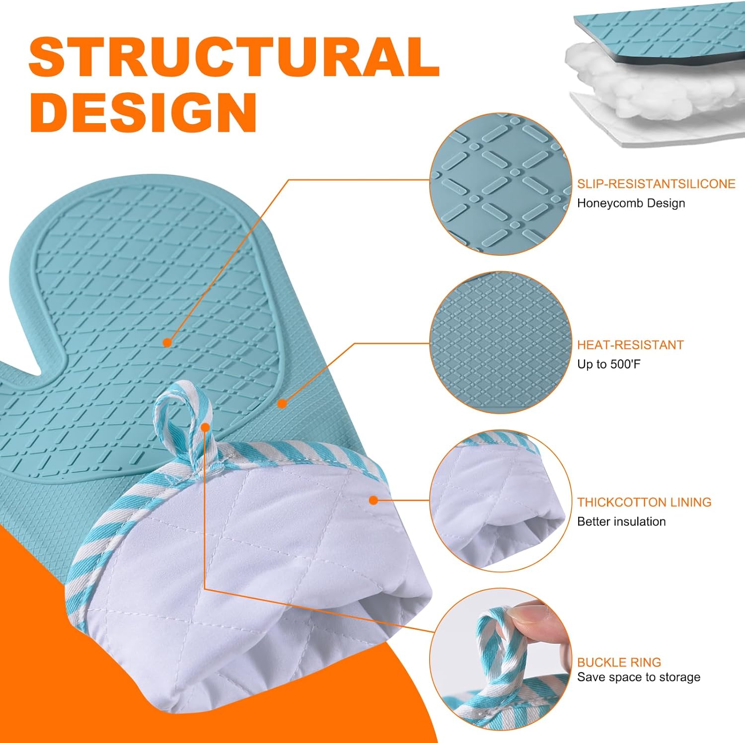 Silicone Oven Mitts, Heat Resistant Oven Gloves with Quilted Liner, Waterproof & Non-Slip Kitchen Mittens for Baking Cooking BBQ, 500°F, 13.5