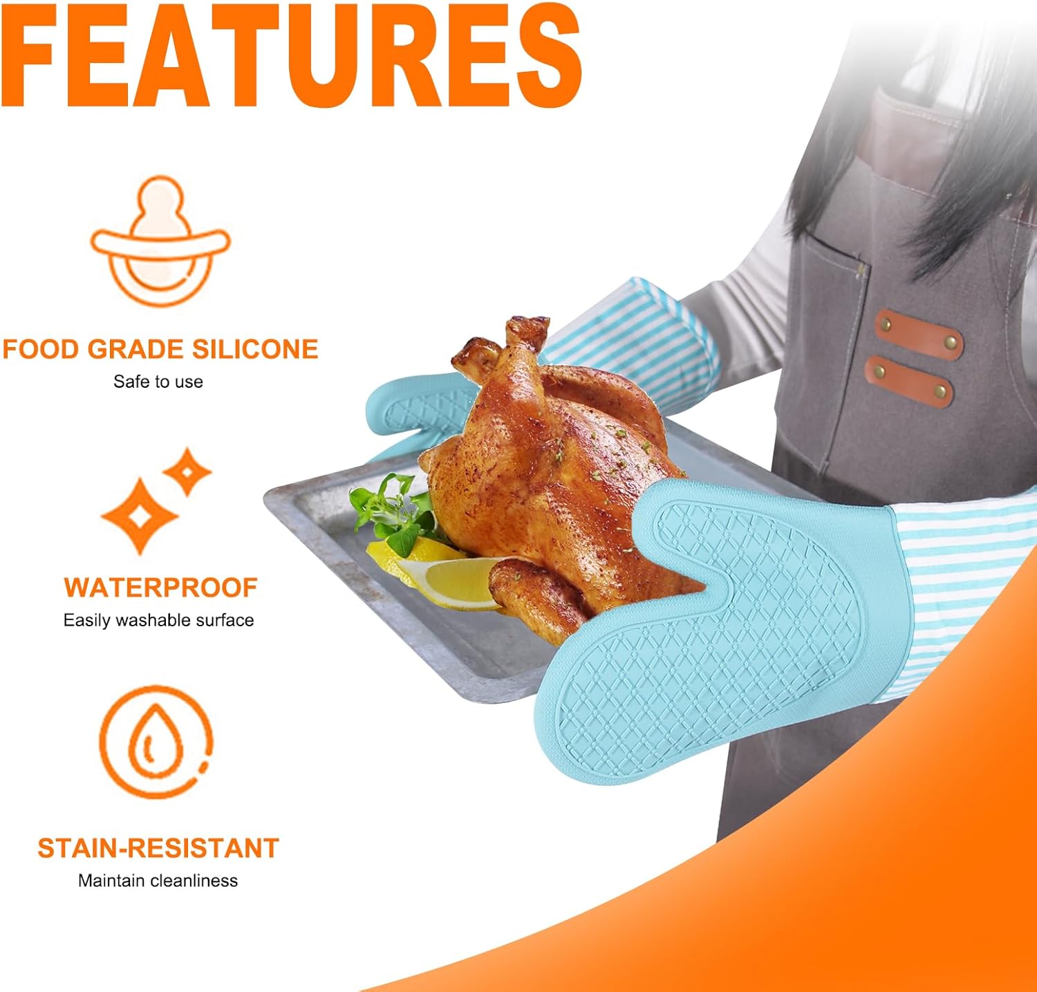 Silicone Oven Mitts, Heat Resistant Oven Gloves with Quilted Liner, Waterproof & Non-Slip Kitchen Mittens for Baking Cooking BBQ, 500°F, 13.5