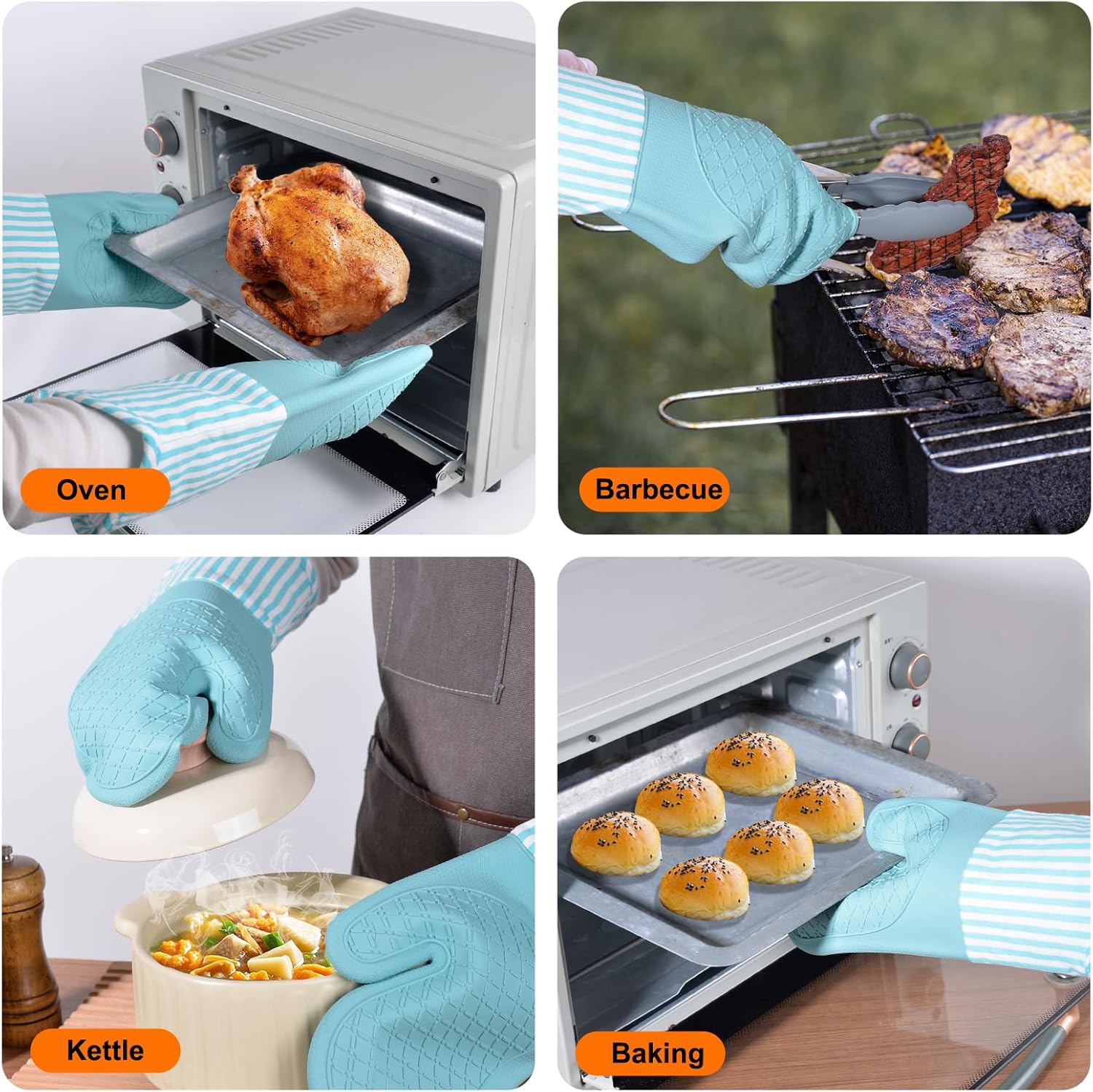 Silicone Oven Mitts, Heat Resistant Oven Gloves with Quilted Liner, Waterproof & Non-Slip Kitchen Mittens for Baking Cooking BBQ, 500°F, 13.5