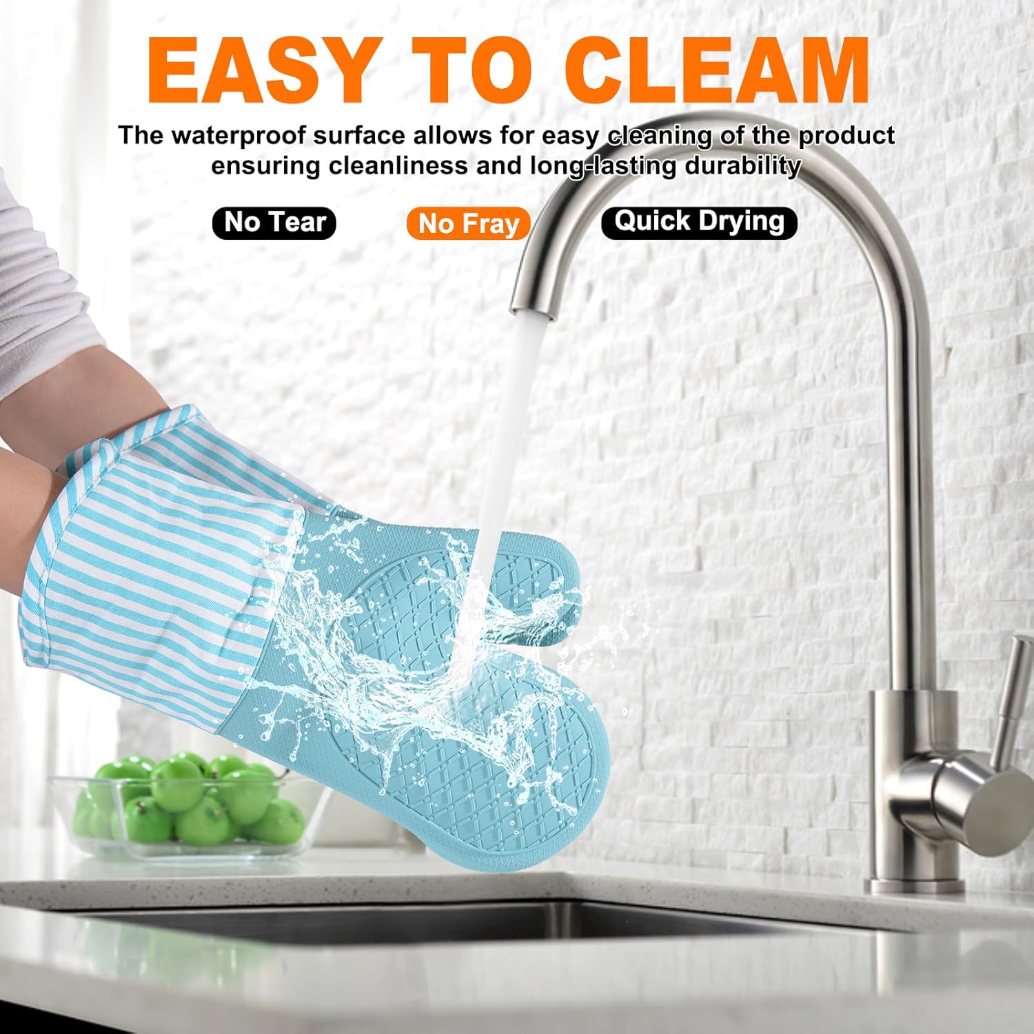 Silicone Oven Mitts, Heat Resistant Oven Gloves with Quilted Liner, Waterproof & Non-Slip Kitchen Mittens for Baking Cooking BBQ, 500°F, 13.5