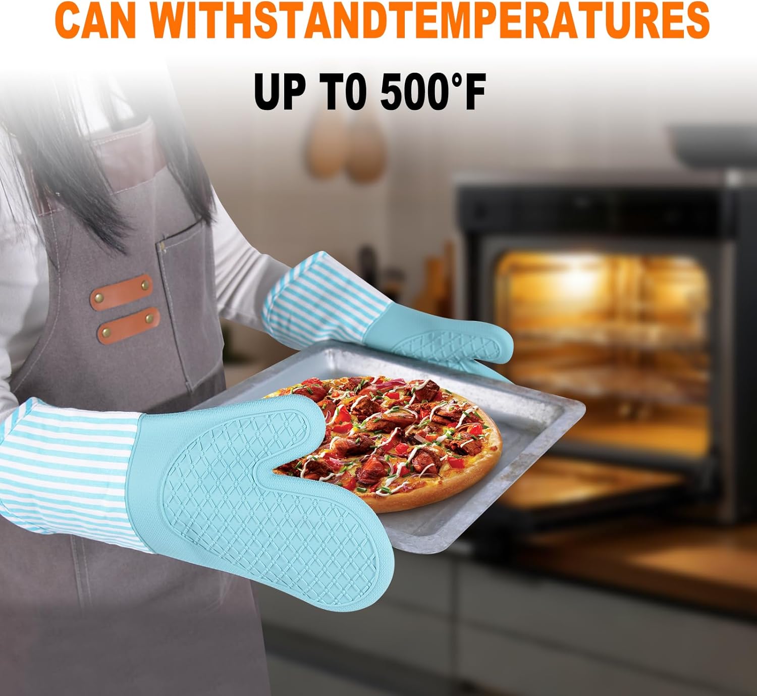 Silicone Oven Mitts, Heat Resistant Oven Gloves with Quilted Liner, Waterproof & Non-Slip Kitchen Mittens for Baking Cooking BBQ, 500°F, 13.5