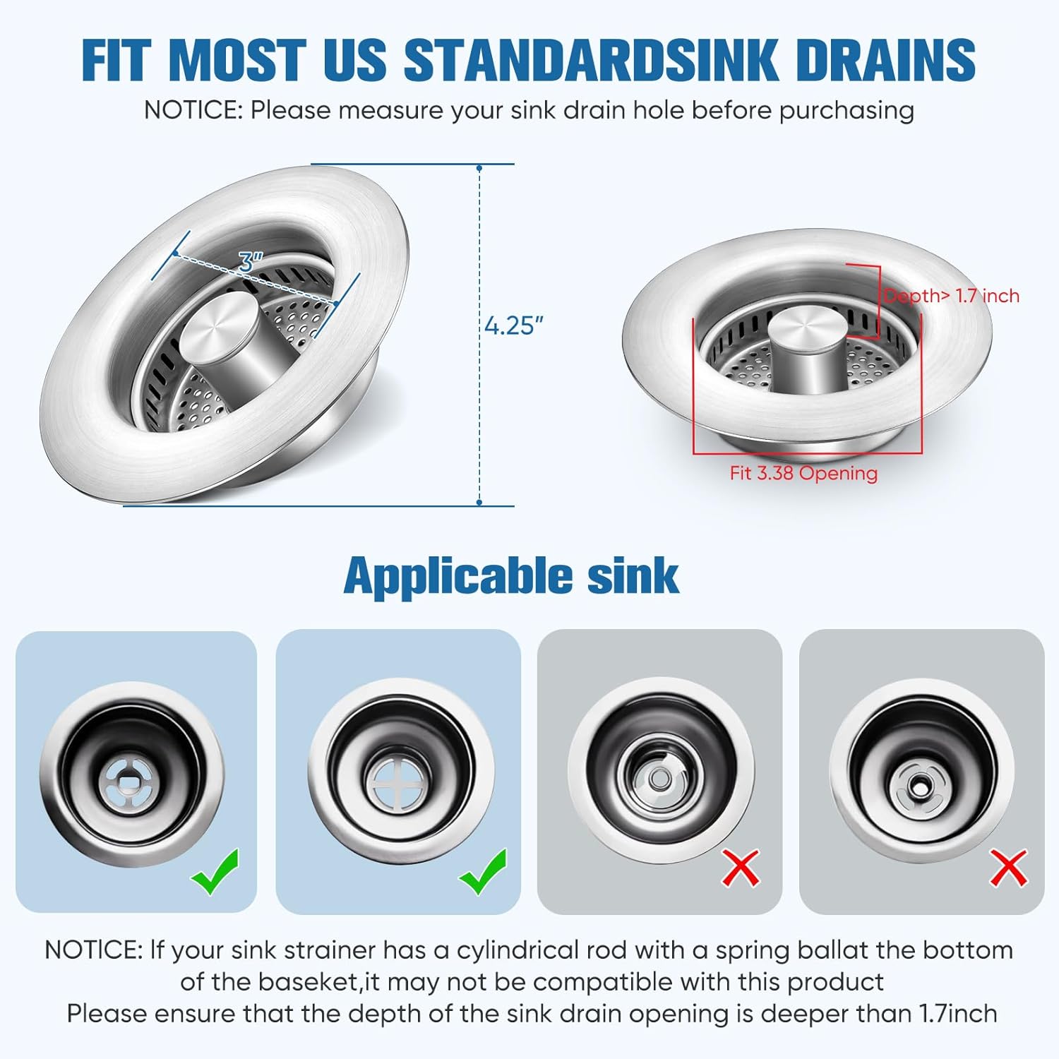 Sink Drain Strainer Kitchen Sink Drain Strainer&Sink Stopper,Stainless Steel Pop up Sink Drain Strainer,Anti-Clogging Basket Strainer,High Durability with Brass Core,Fit 3-1/2