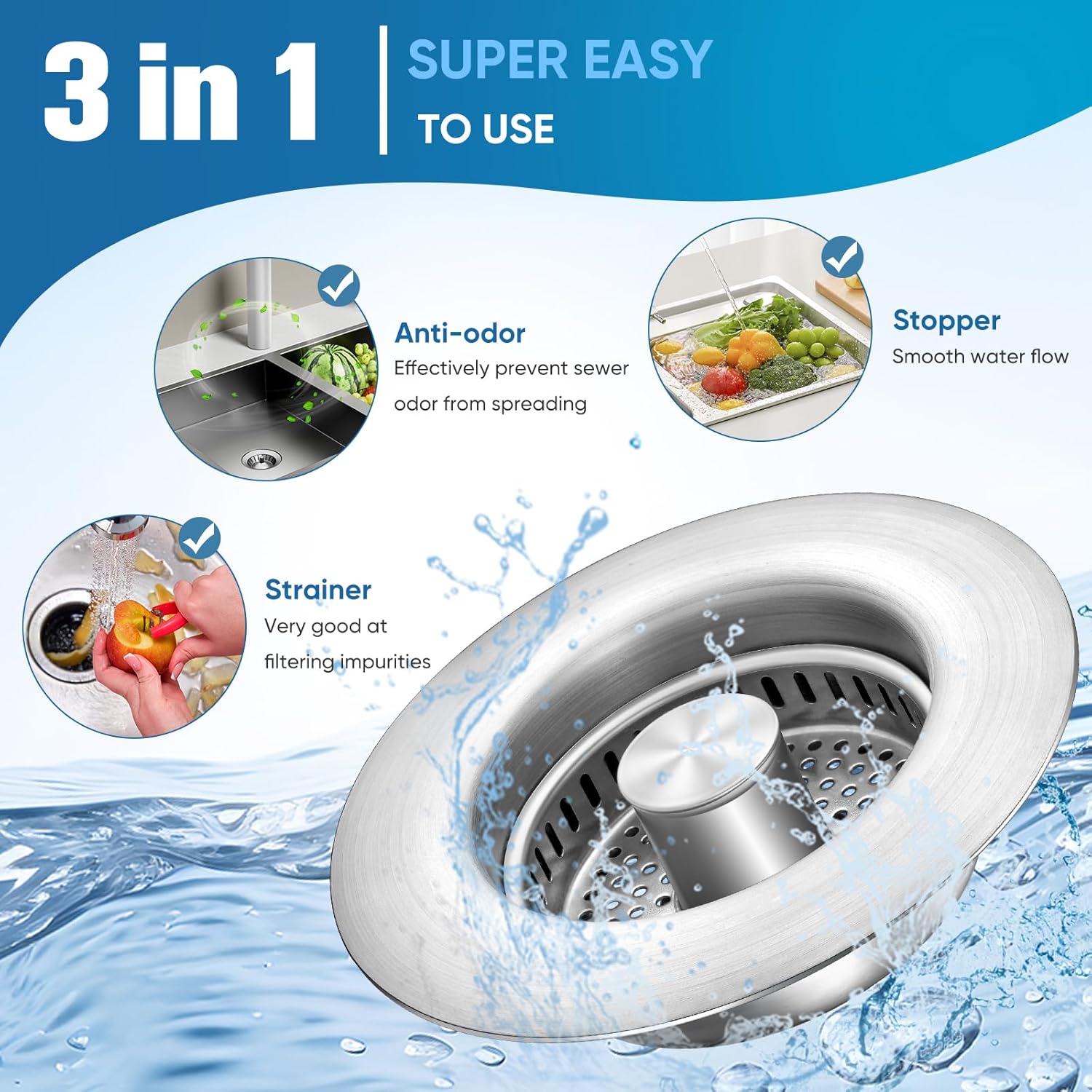 Sink Drain Strainer Kitchen Sink Drain Strainer&Sink Stopper,Stainless Steel Pop up Sink Drain Strainer,Anti-Clogging Basket Strainer,High Durability with Brass Core,Fit 3-1/2