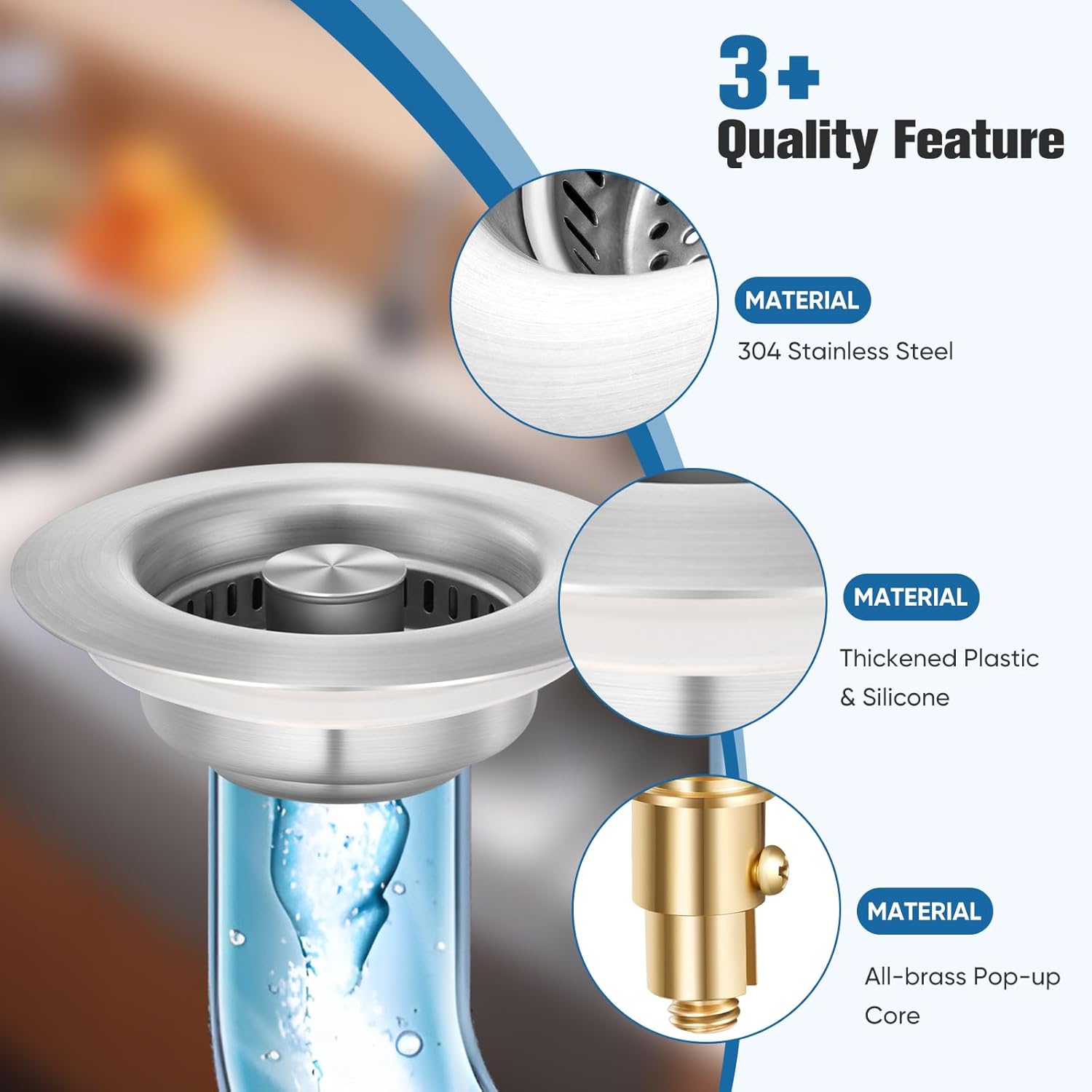 Sink Drain Strainer Kitchen Sink Drain Strainer&Sink Stopper,Stainless Steel Pop up Sink Drain Strainer,Anti-Clogging Basket Strainer,High Durability with Brass Core,Fit 3-1/2