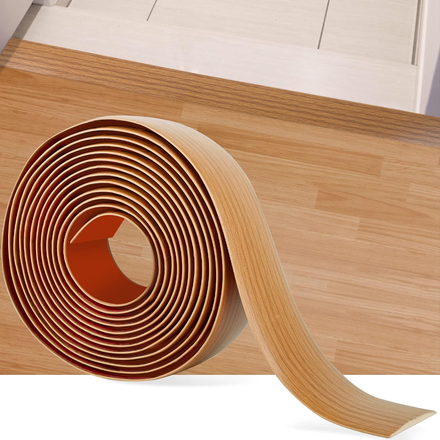 16.4Ft Floor Transition Strip Self Adhesive Vinyl Cover Floor Strip Flat Divider Transition Strip Wood Grain Design for Laminate Floor Gaps and Doorway Transitions (16.4Ft x 2 Inch, Light Brown) - Image 1