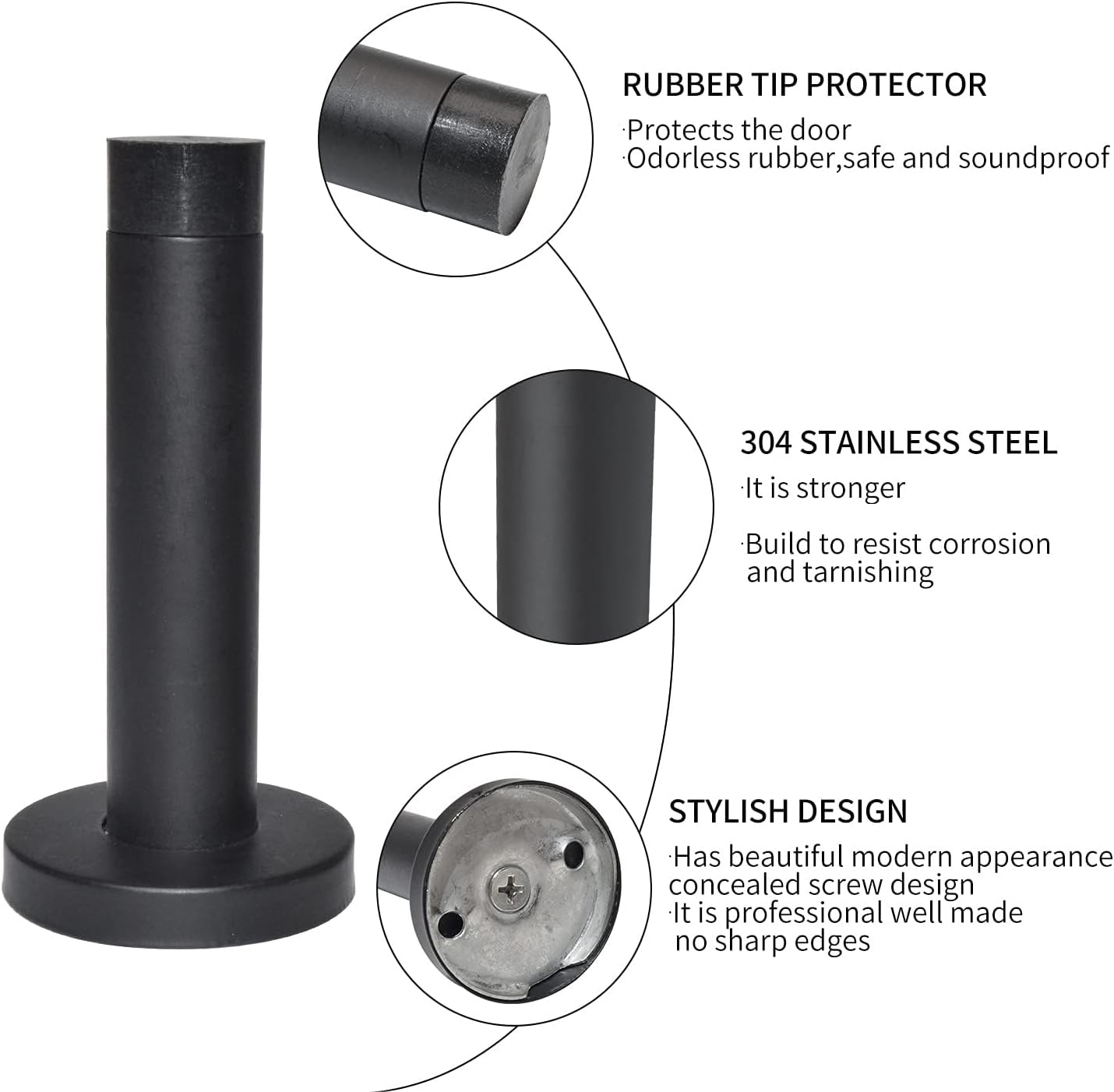 DOKU 10Pcs Door Stop, 3.5 Inch Heavy Duty 304 Stainless Steel Door Stopper with Rubber Tips Bumper, Wall Mounted Door Holder Protection Sound Dampening, Matte Black - Image 2