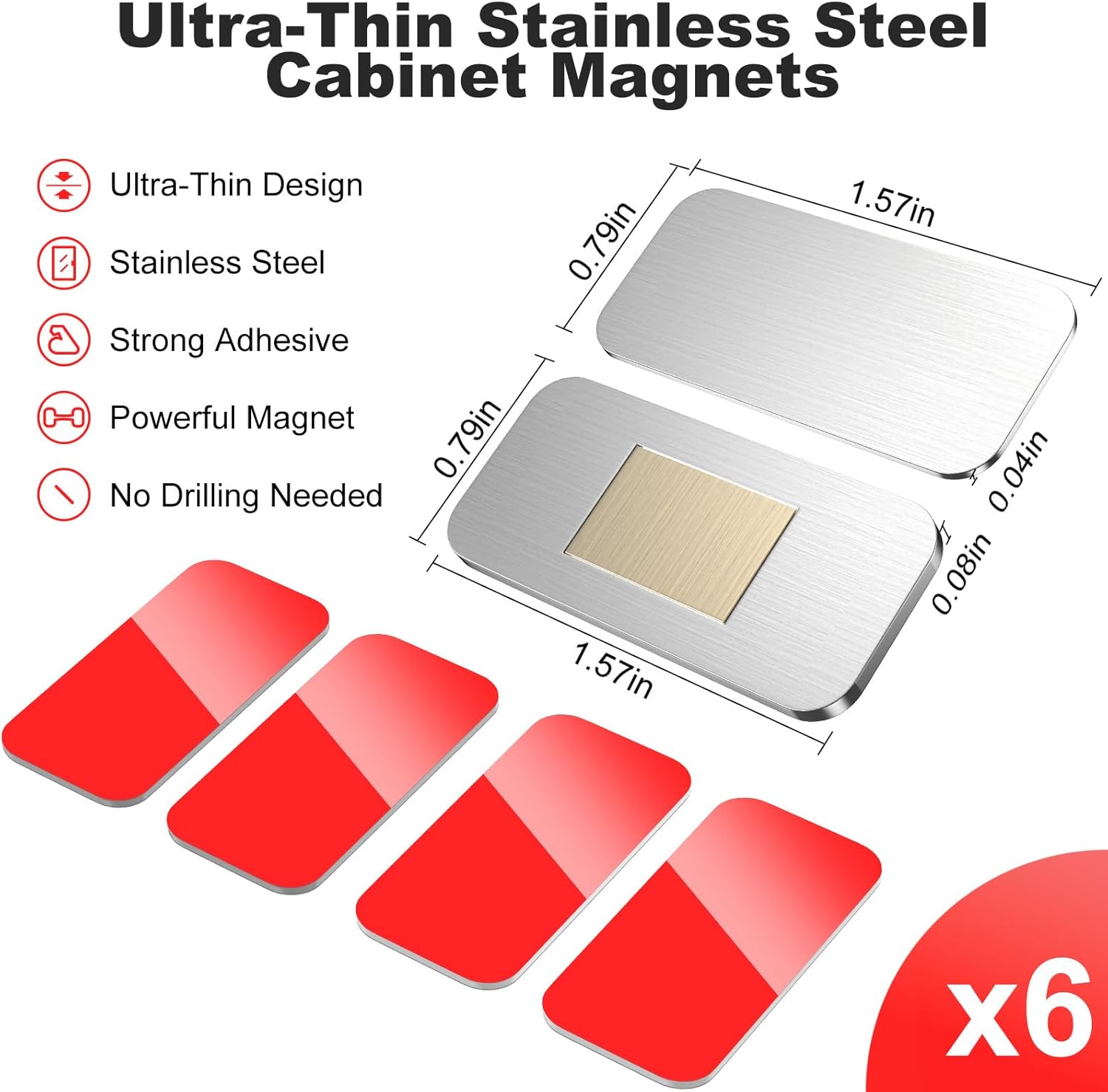 6-Pack No-Drill Invisible Magnetic Cabinet Catches, Stainless Steel with Strong Adhesive - for Kitchen, Bathroom & Closet Drawers - Image 3