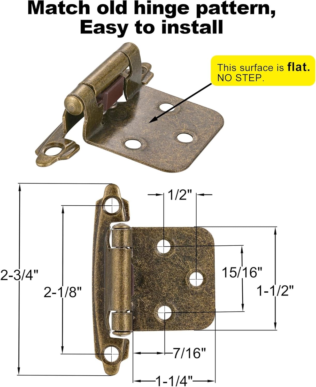 10 Pack (5 Pair) Antique Brass Self Closing Cabinet Hinges for Kitchen Cabinet Door, 1/2