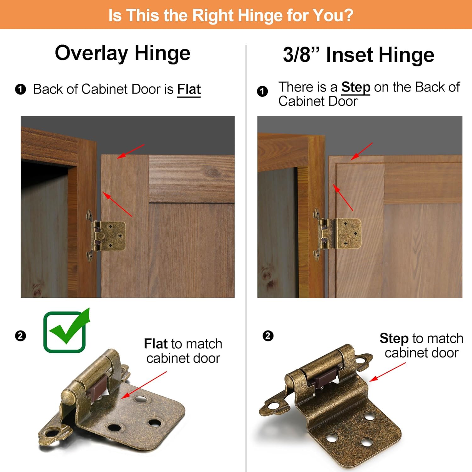 10 Pack (5 Pair) Antique Brass Self Closing Cabinet Hinges for Kitchen Cabinet Door, 1/2