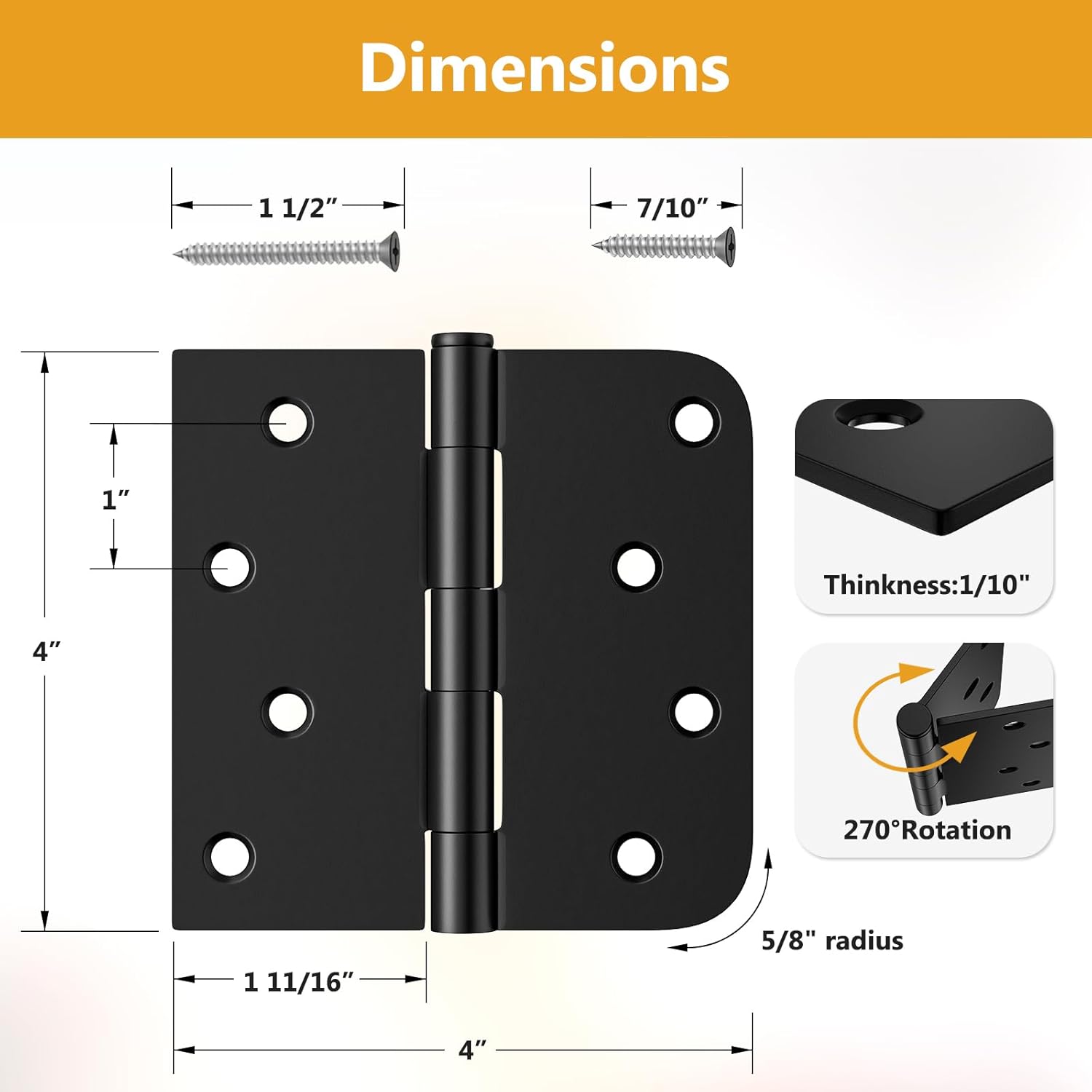 3 Pack Black Door Hinges 4 Inch, Exterior Door Hinges with Square & 5/8
