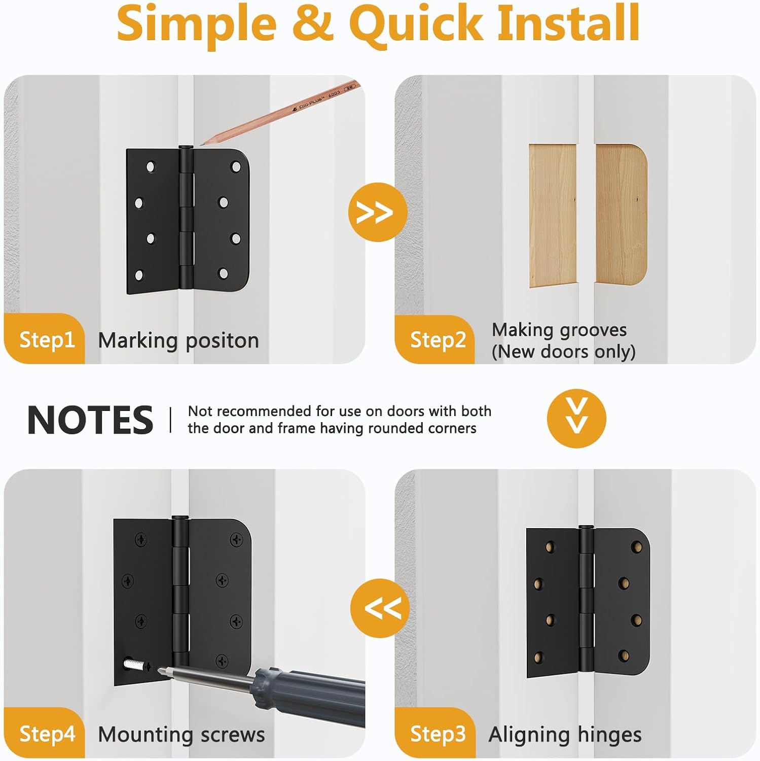 3 Pack Black Door Hinges 4 Inch, Exterior Door Hinges with Square & 5/8
