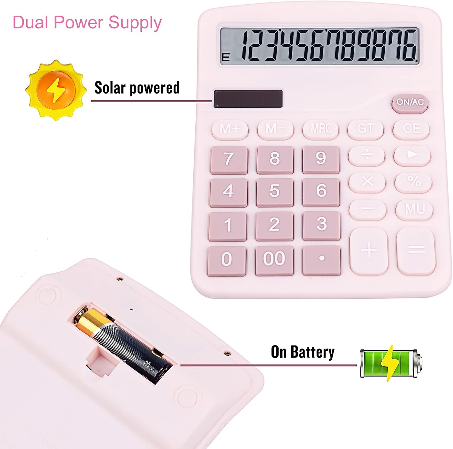 Cute Pink Desktop Calculator with Big Buttons, Dual Power Source, Solar and Battery, Large Display Screen - Perfect for Office, Teachers, and Students (Pink) - Image 3