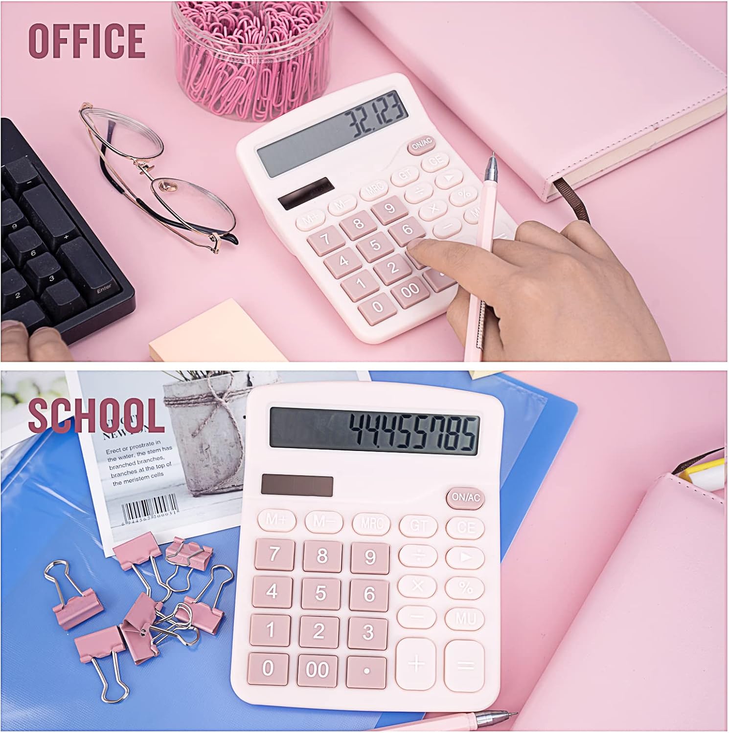 Cute Pink Desktop Calculator with Big Buttons, Dual Power Source, Solar and Battery, Large Display Screen - Perfect for Office, Teachers, and Students (Pink) - Image 5