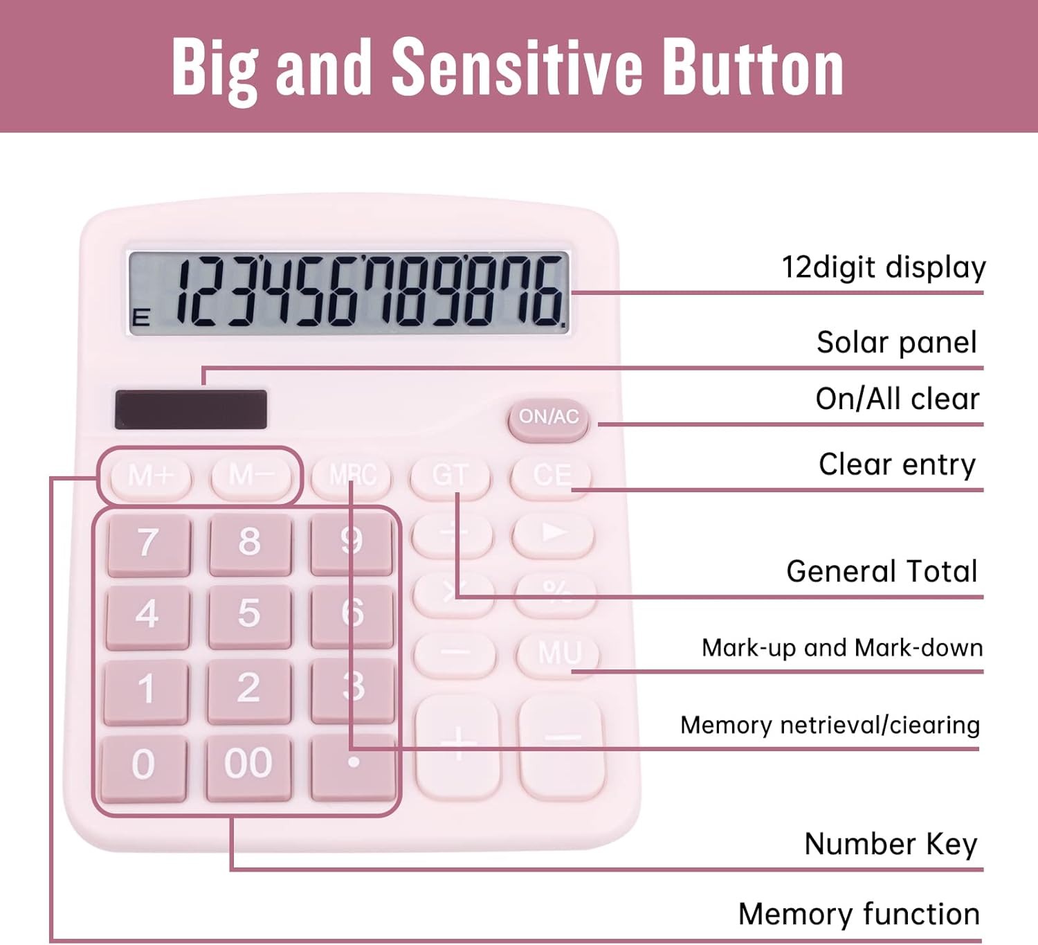 Cute Pink Desktop Calculator with Big Buttons, Dual Power Source, Solar and Battery, Large Display Screen - Perfect for Office, Teachers, and Students (Pink) - Image 6