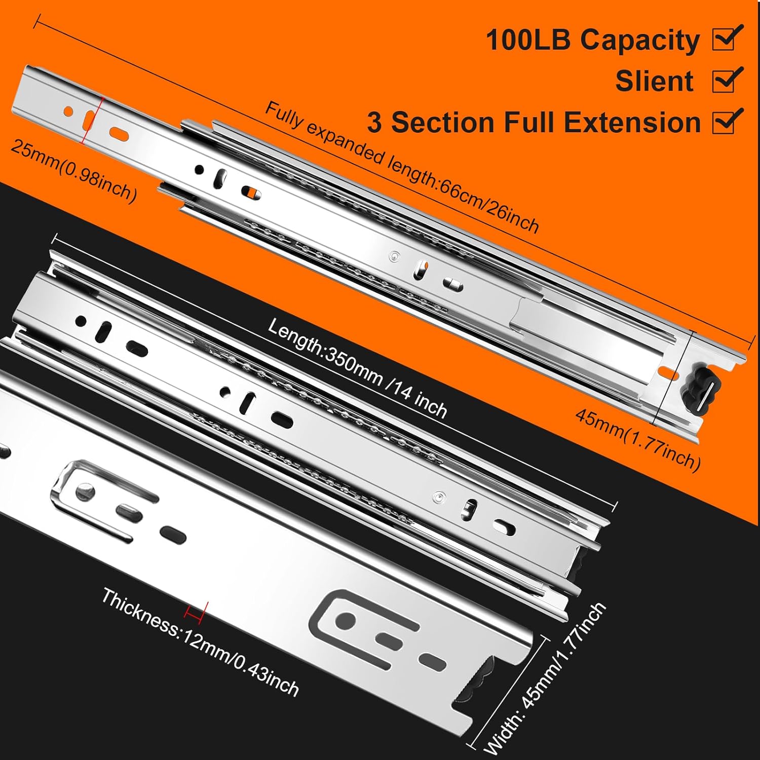 14 inch Drawer Slides 4 Pairs (8pcs) 3 fold Full Extension Side Mount Cabinet Drawer Glides 14