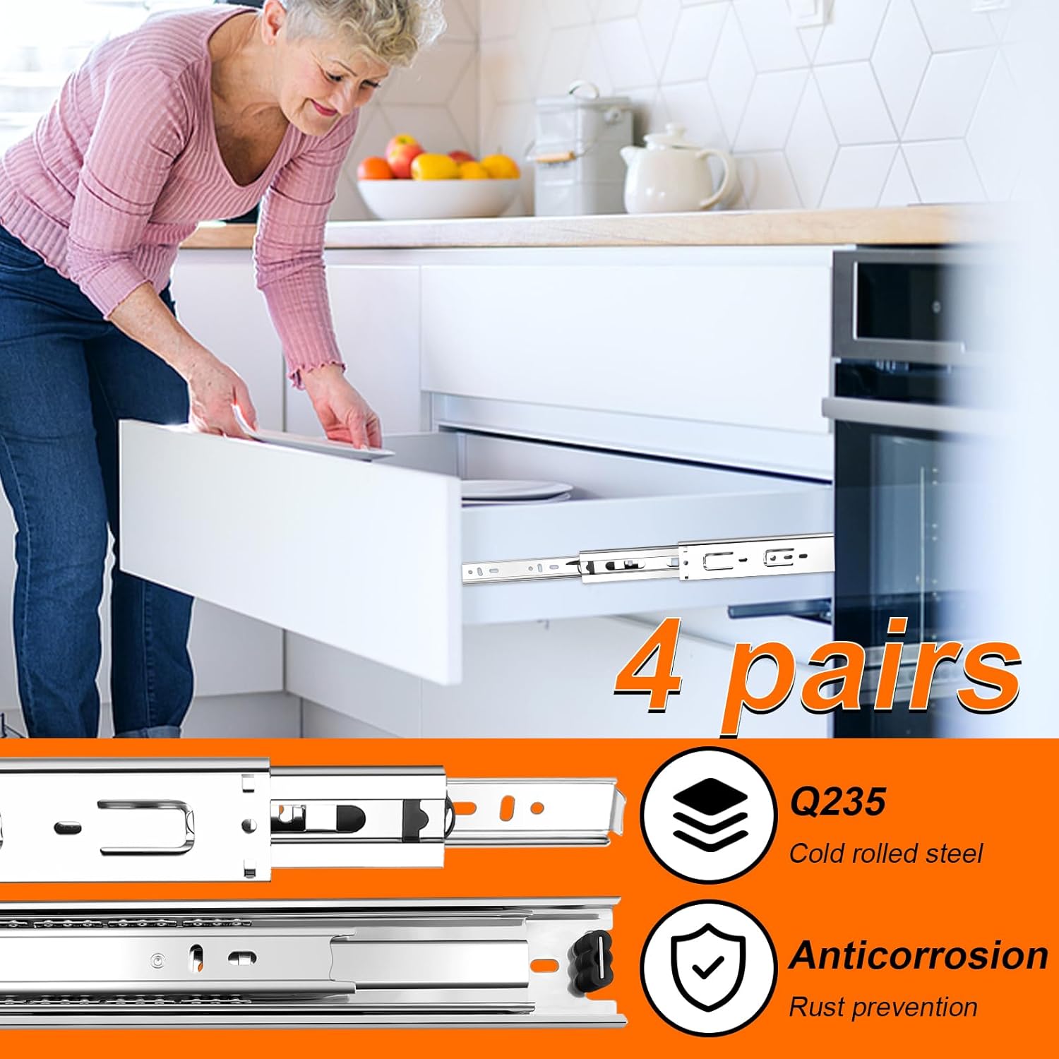 14 inch Drawer Slides 4 Pairs (8pcs) 3 fold Full Extension Side Mount Cabinet Drawer Glides 14