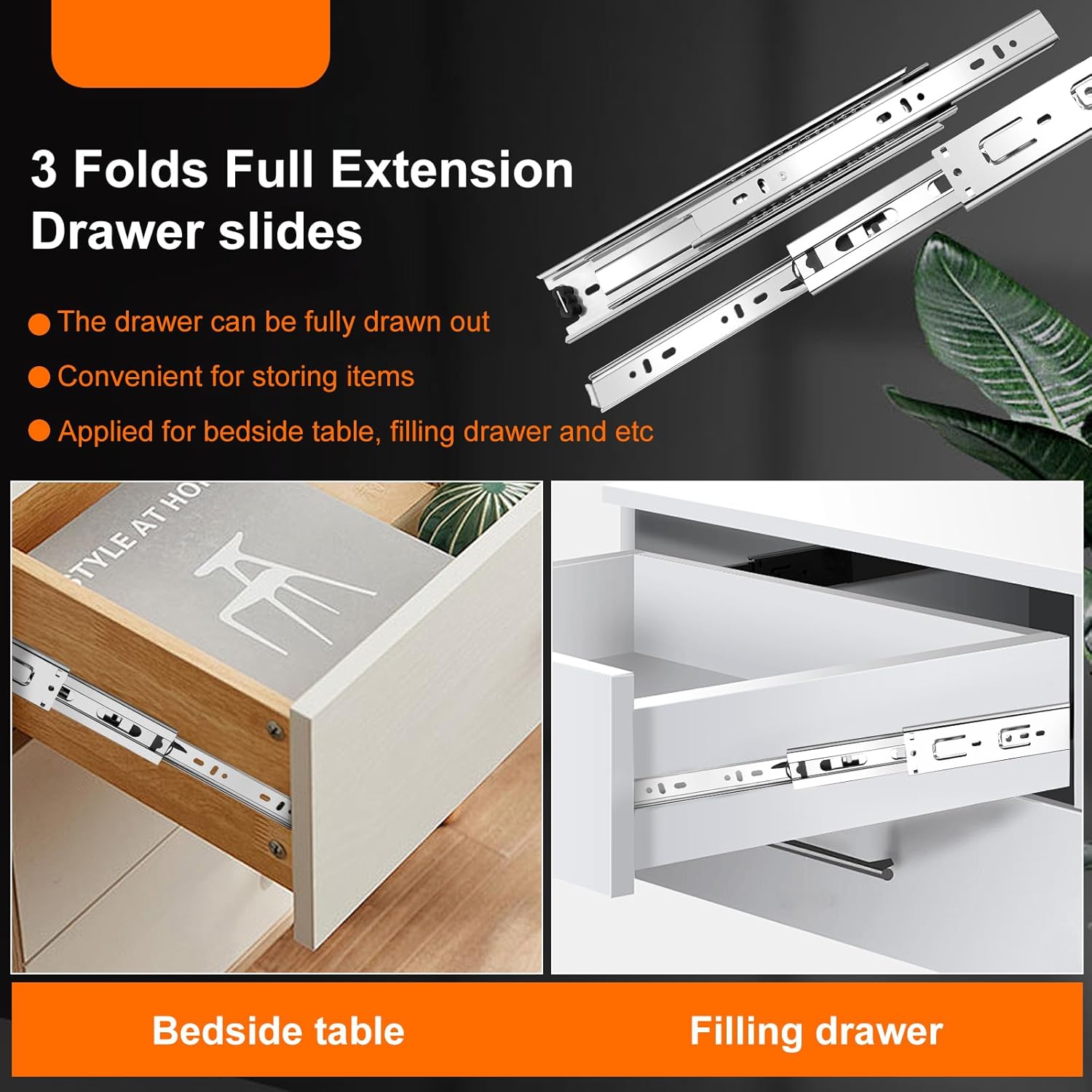 14 inch Drawer Slides 4 Pairs (8pcs) 3 fold Full Extension Side Mount Cabinet Drawer Glides 14