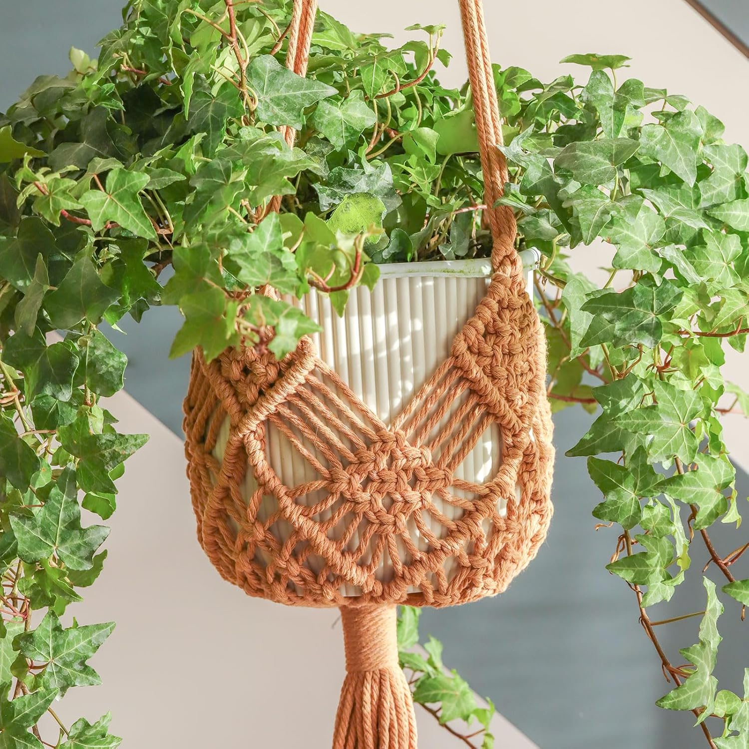Hanging Planter with Patterns,2Packs Macrame Plant Hangers Indoor Macrame for up to 8 inch Pot Crochet Boho Plant Hanger Holder for Indoor Outdoor with 2S Shaped Stainless Steel Hooks (Caramel) - Image 1
