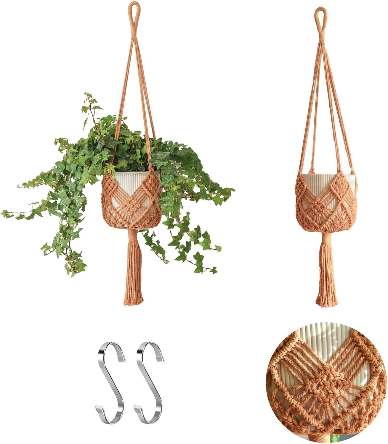 Hanging Planter with Patterns,2Packs Macrame Plant Hangers Indoor Macrame for up to 8 inch Pot Crochet Boho Plant Hanger Holder for Indoor Outdoor with 2S Shaped Stainless Steel Hooks (Caramel) - Image 2