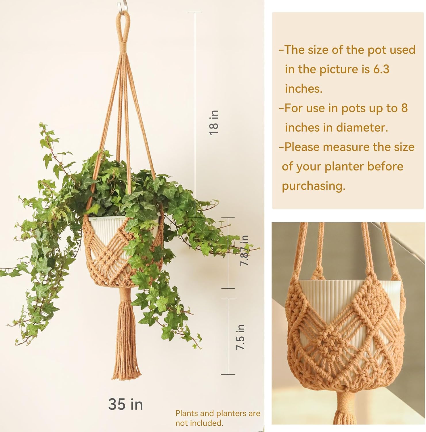 Hanging Planter with Patterns,2Packs Macrame Plant Hangers Indoor Macrame for up to 8 inch Pot Crochet Boho Plant Hanger Holder for Indoor Outdoor with 2S Shaped Stainless Steel Hooks (Caramel) - Image 3
