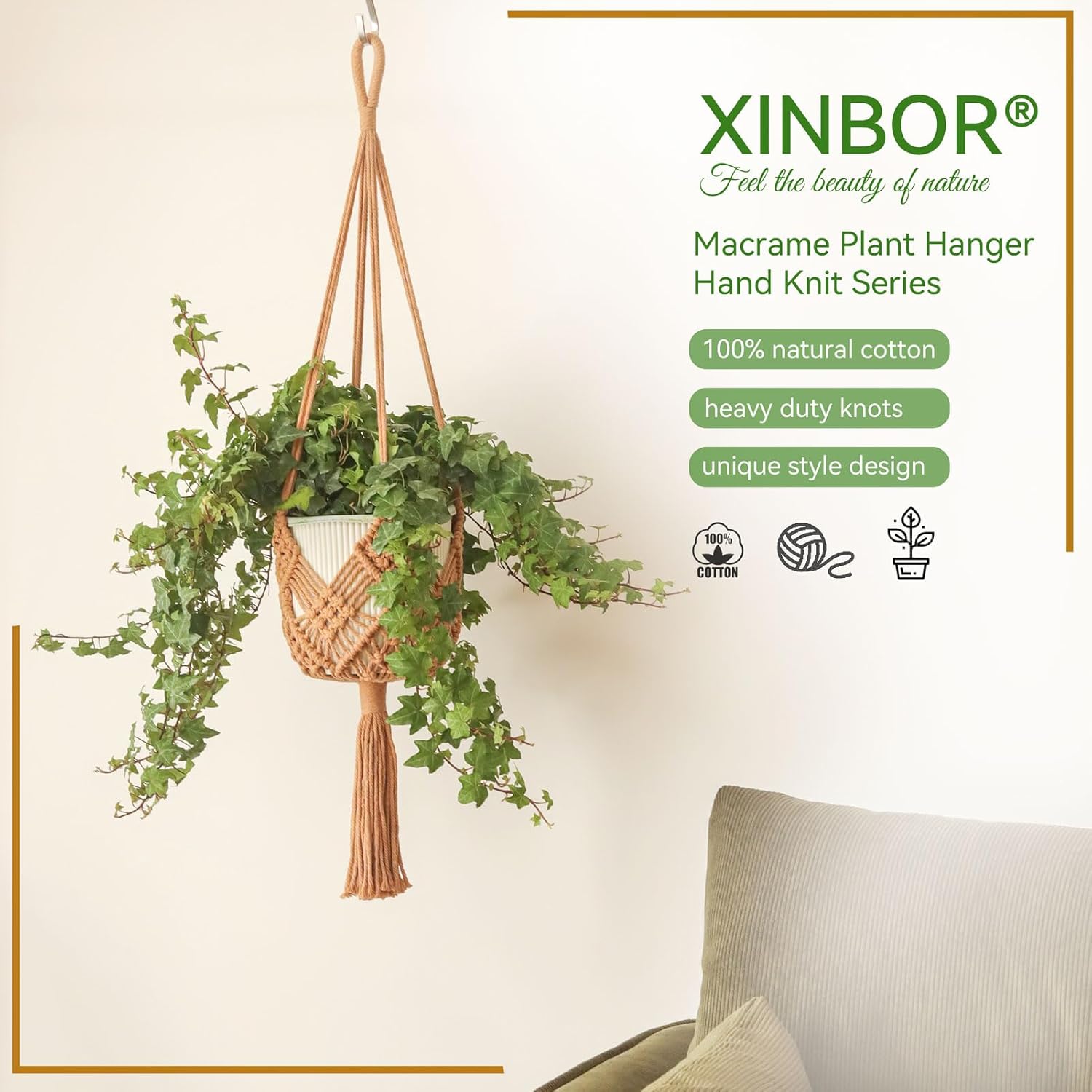 Hanging Planter with Patterns,2Packs Macrame Plant Hangers Indoor Macrame for up to 8 inch Pot Crochet Boho Plant Hanger Holder for Indoor Outdoor with 2S Shaped Stainless Steel Hooks (Caramel) - Image 4