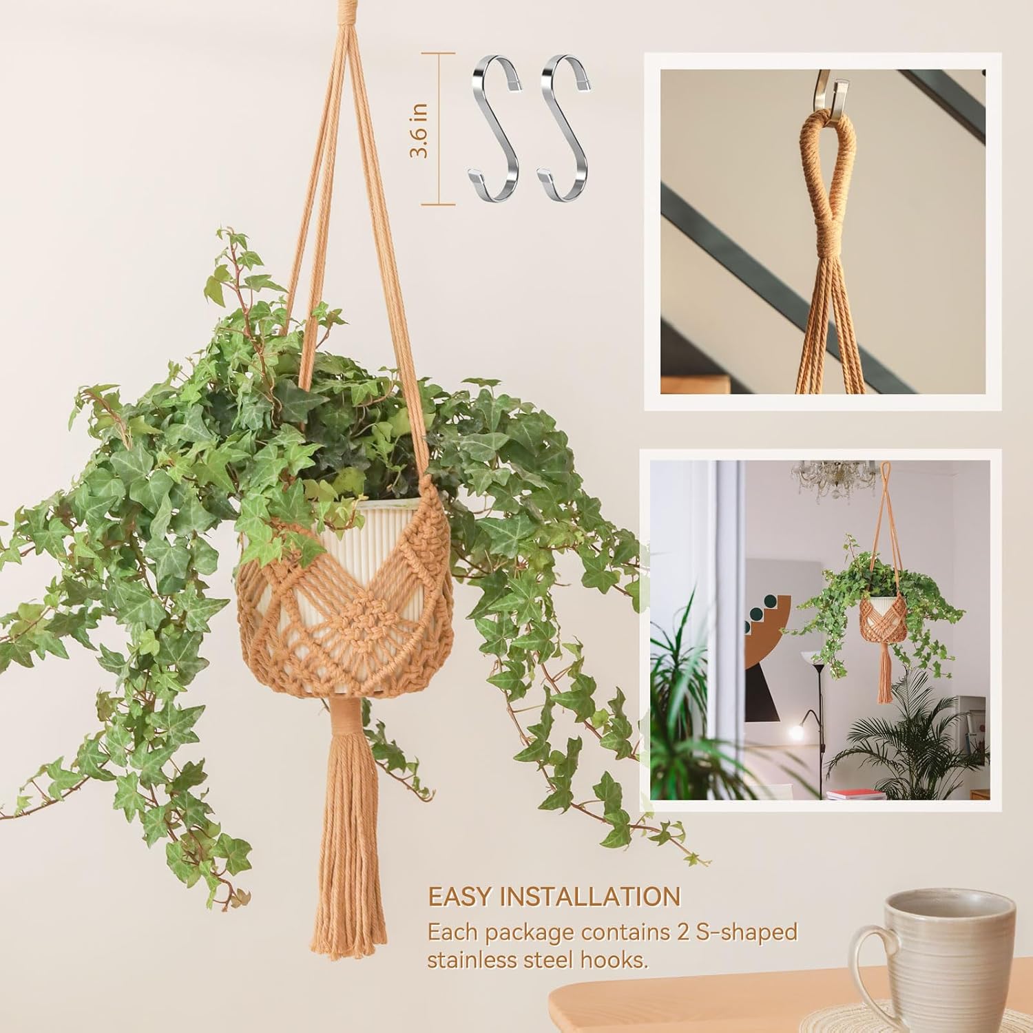 Hanging Planter with Patterns,2Packs Macrame Plant Hangers Indoor Macrame for up to 8 inch Pot Crochet Boho Plant Hanger Holder for Indoor Outdoor with 2S Shaped Stainless Steel Hooks (Caramel) - Image 5