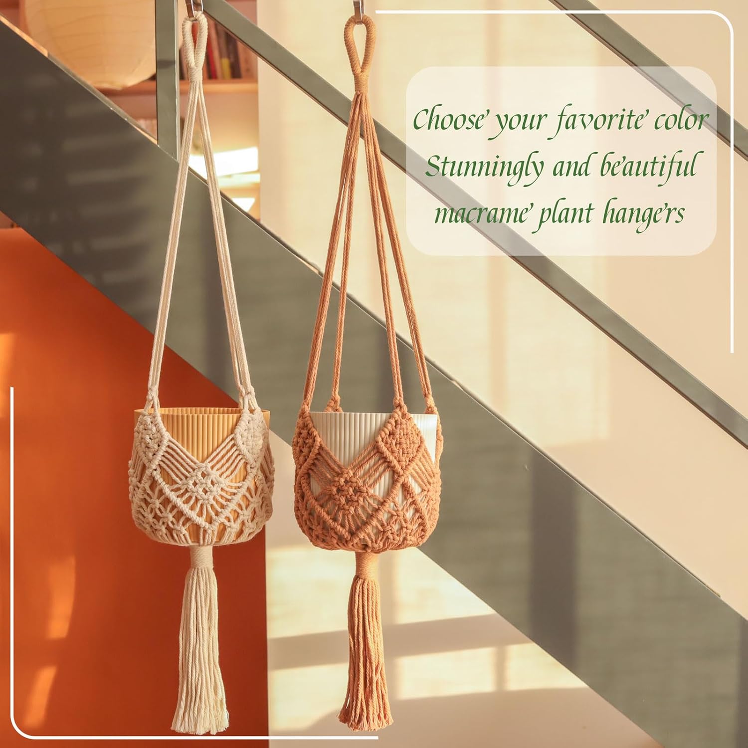 Hanging Planter with Patterns,2Packs Macrame Plant Hangers Indoor Macrame for up to 8 inch Pot Crochet Boho Plant Hanger Holder for Indoor Outdoor with 2S Shaped Stainless Steel Hooks (Caramel) - Image 7