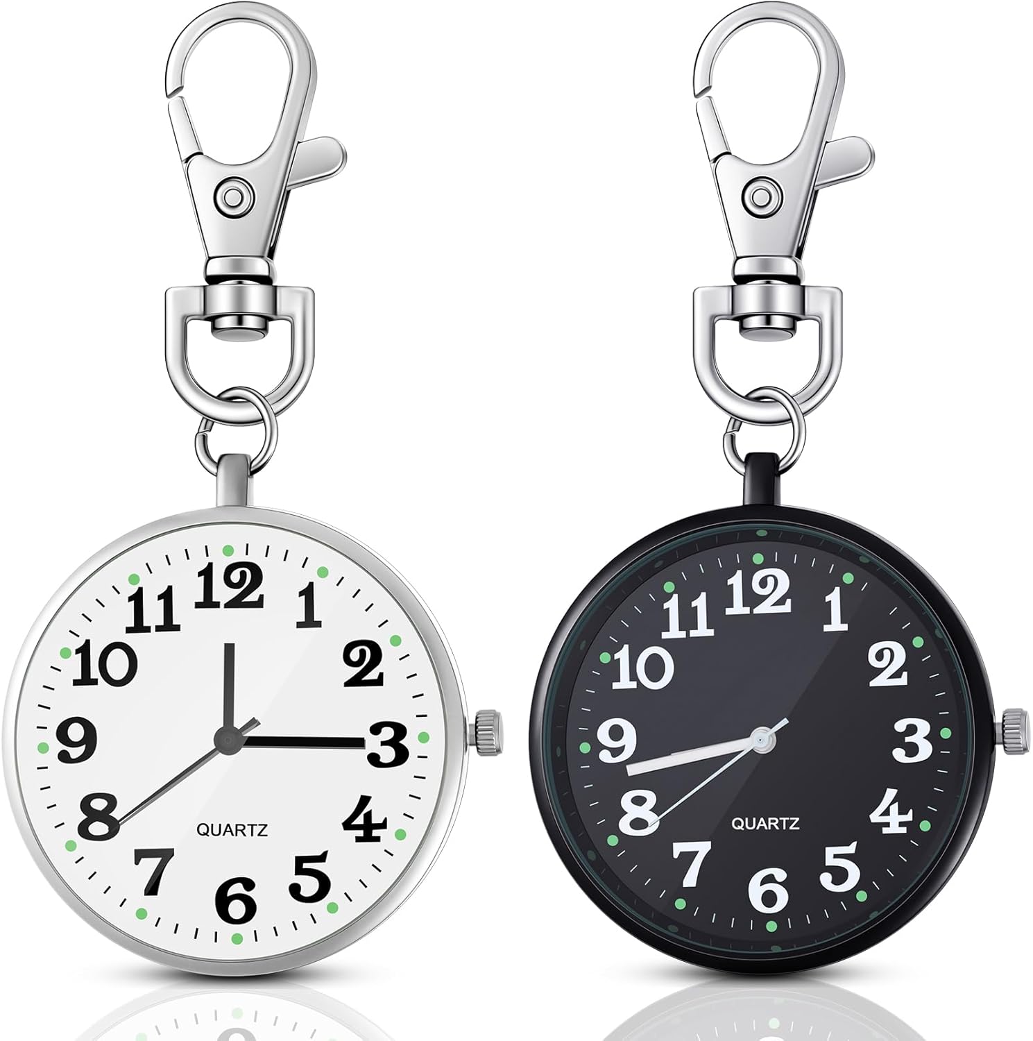 2 Pieces Quartz Pocket Watch with Key Buckle Round Keychain Clip on Watch Portable Unisex - Image 1