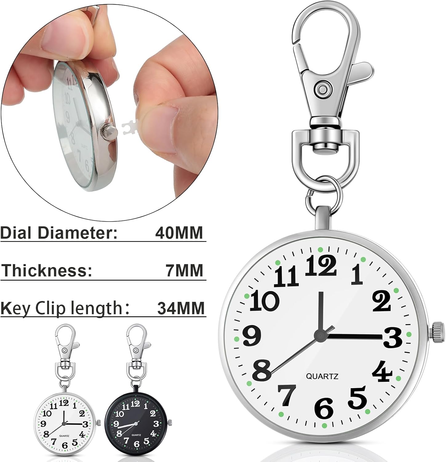 2 Pieces Quartz Pocket Watch with Key Buckle Round Keychain Clip on Watch Portable Unisex - Image 2