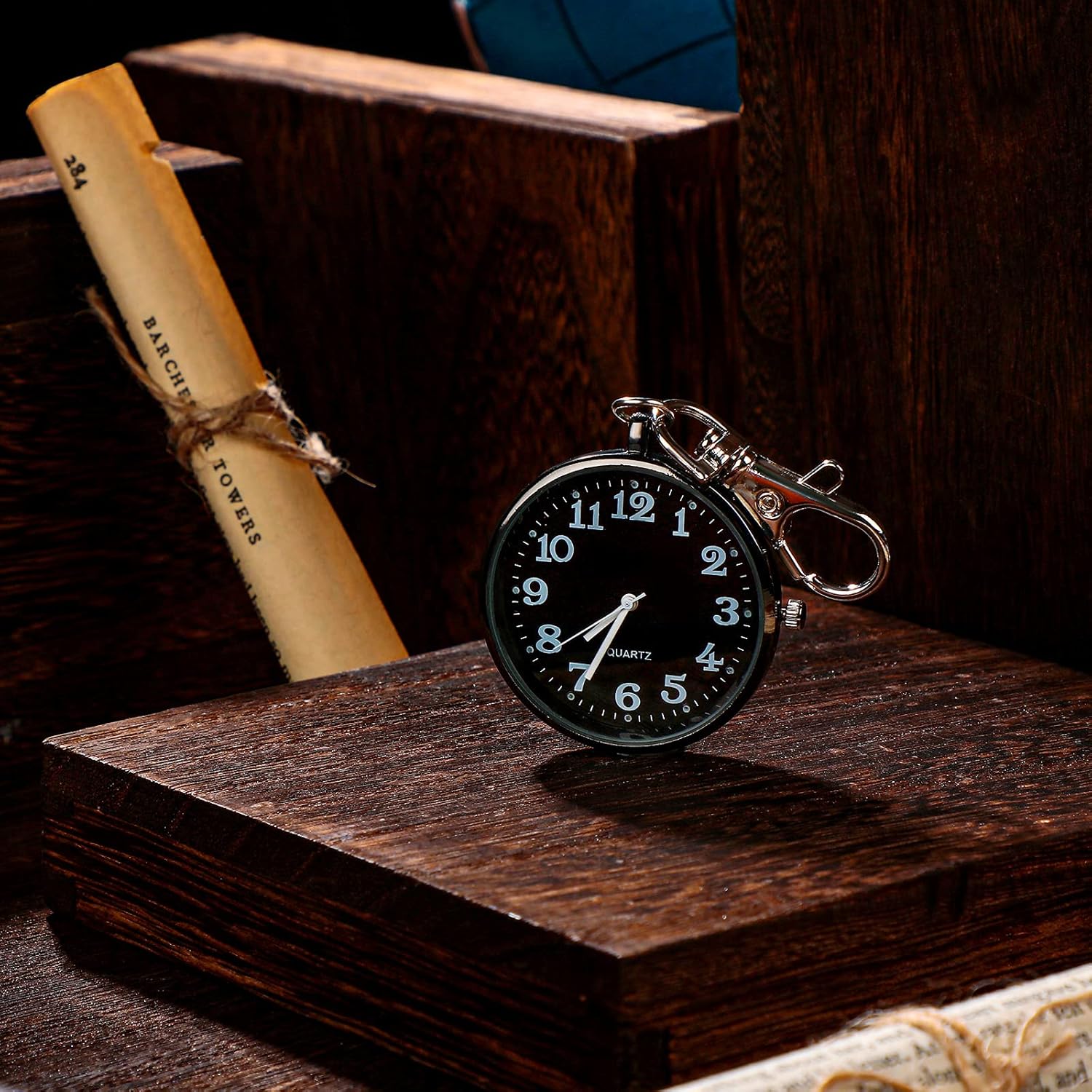 2 Pieces Quartz Pocket Watch with Key Buckle Round Keychain Clip on Watch Portable Unisex - Image 3