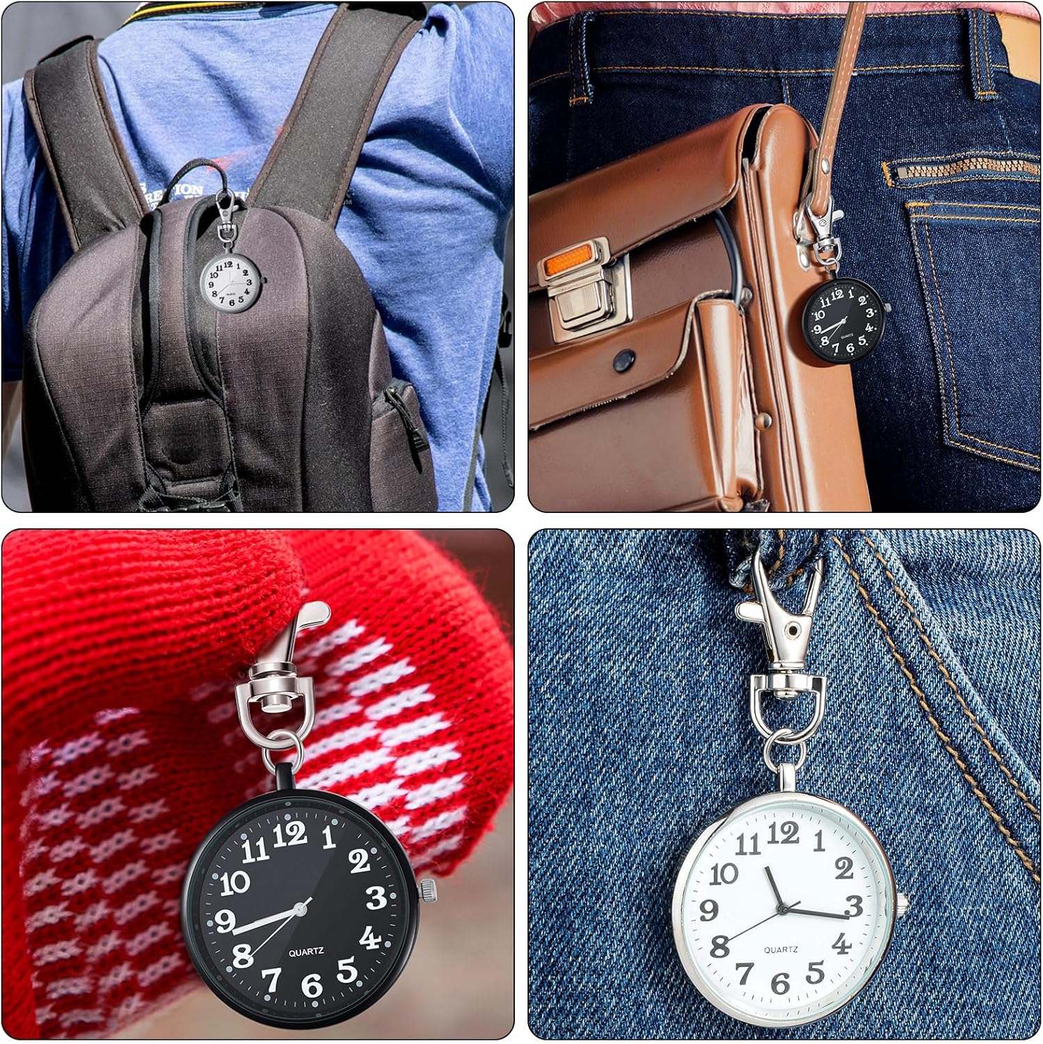 2 Pieces Quartz Pocket Watch with Key Buckle Round Keychain Clip on Watch Portable Unisex - Image 6