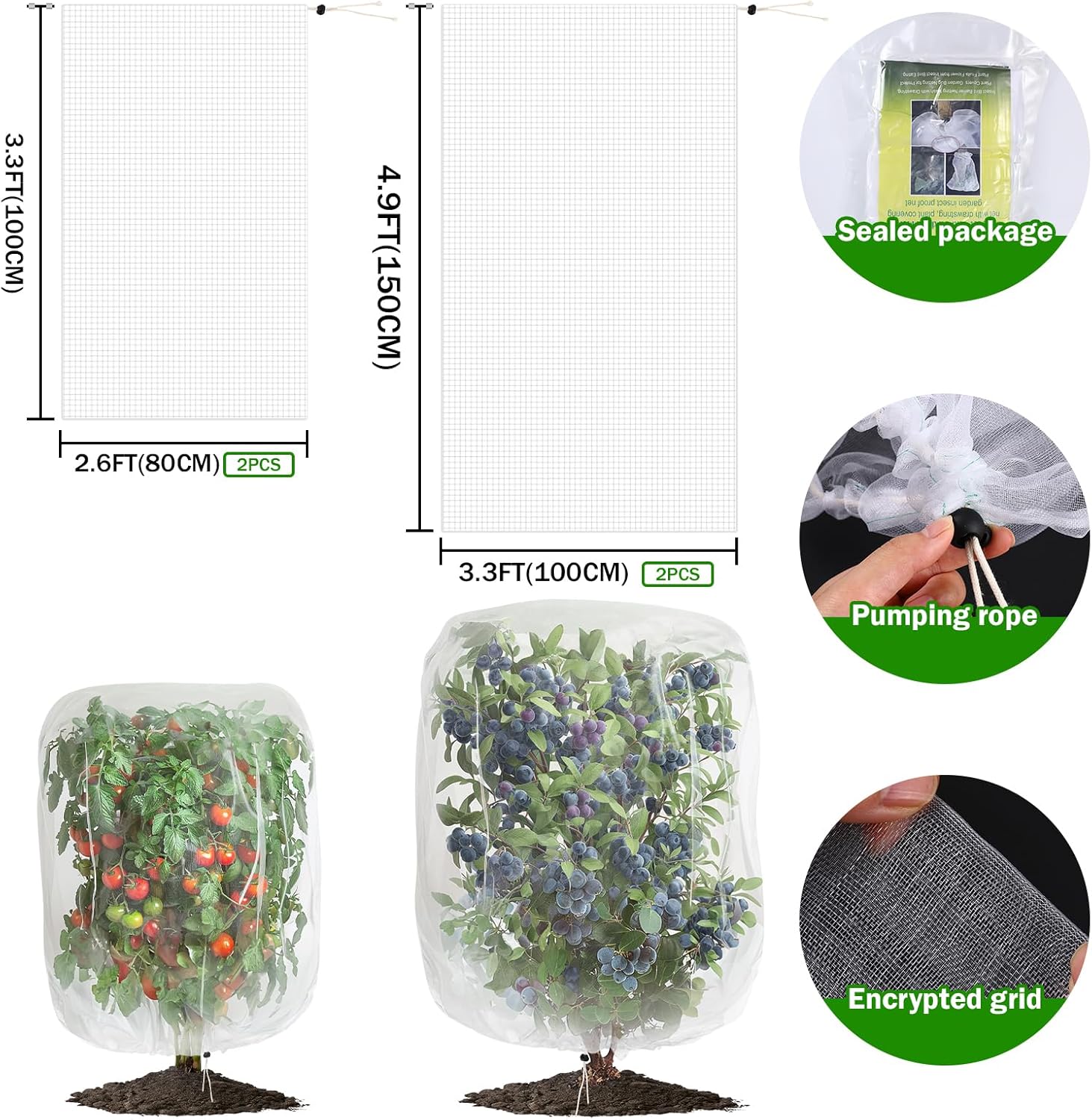 4 Pack Garden Mesh Netting for Plants 2.6x3.3ft - 3.3x4.9ft Insect Bird Netting Pest Barrier Bag with Drawstring 2 Size Fruits Tree Blueberry Bush Netting Cover Bag Protection for Vegetables Tomato - Image 2