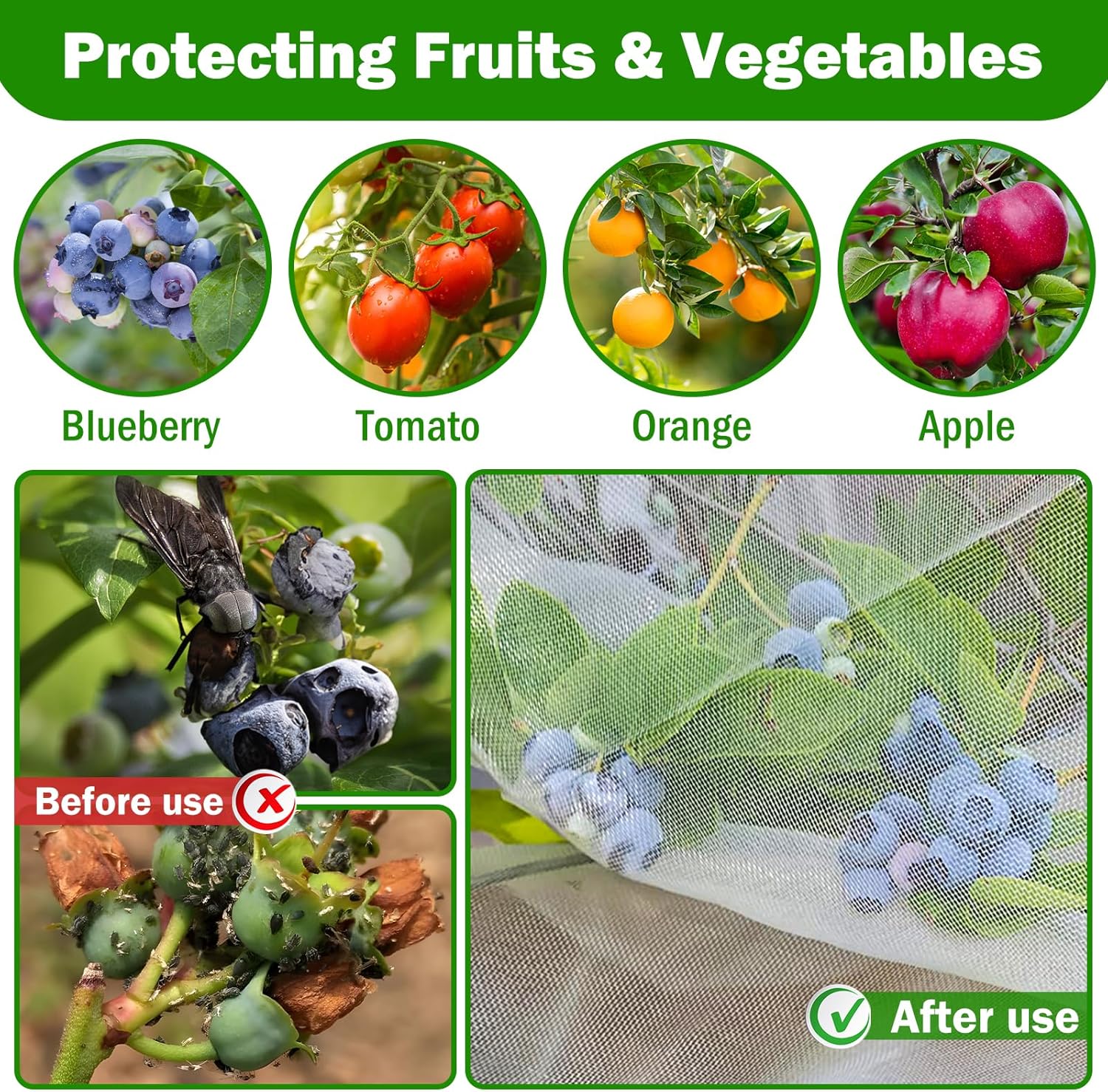 4 Pack Garden Mesh Netting for Plants 2.6x3.3ft - 3.3x4.9ft Insect Bird Netting Pest Barrier Bag with Drawstring 2 Size Fruits Tree Blueberry Bush Netting Cover Bag Protection for Vegetables Tomato - Image 7