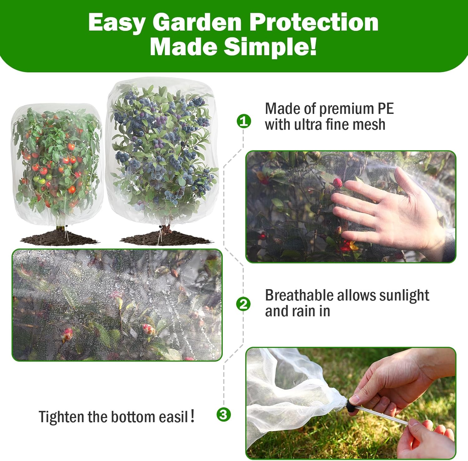 4 Pack Garden Mesh Netting for Plants 2.6x3.3ft - 3.3x4.9ft Insect Bird Netting Pest Barrier Bag with Drawstring 2 Size Fruits Tree Blueberry Bush Netting Cover Bag Protection for Vegetables Tomato - Image 8