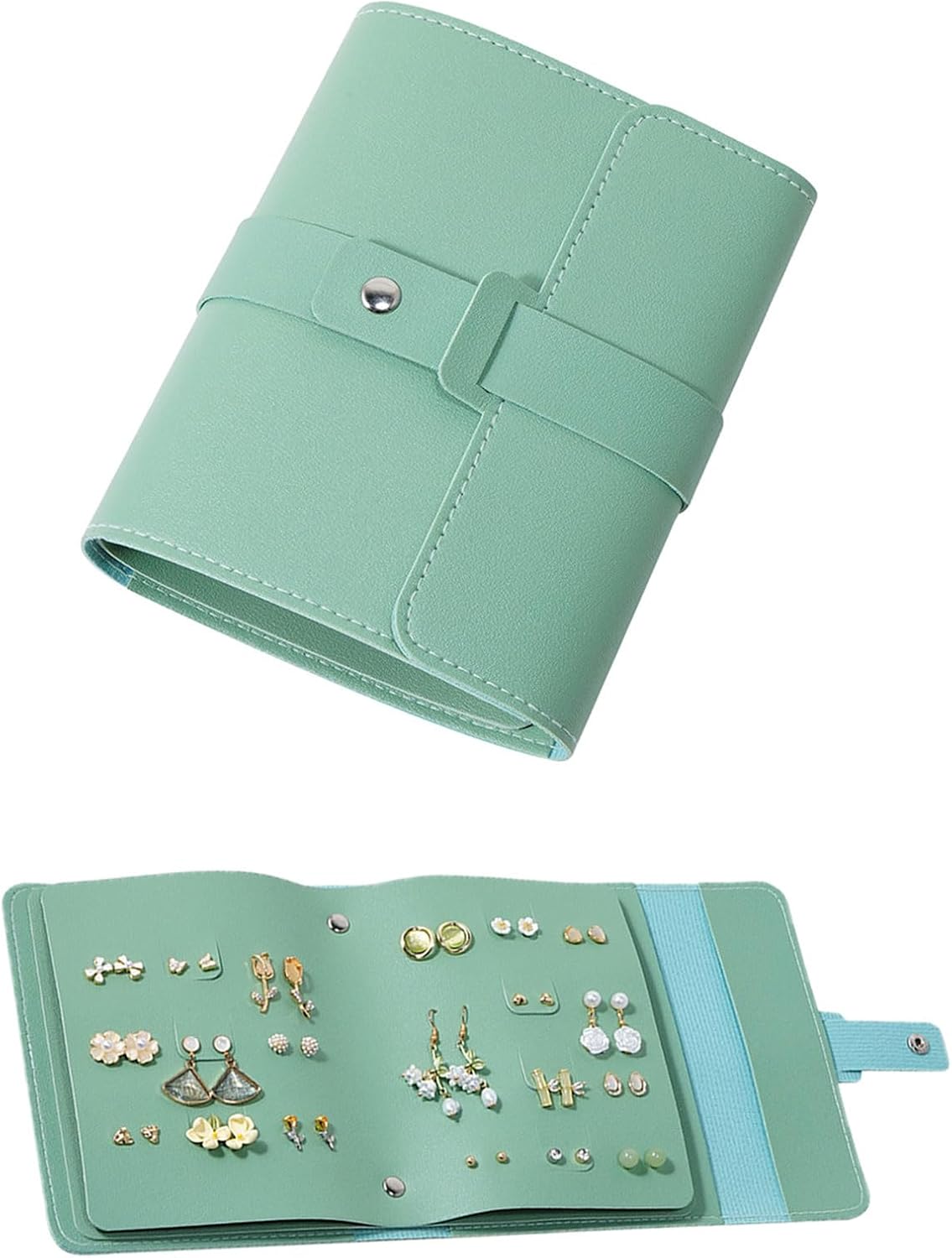 Earring Holder Organizer with Foldable Book Design Jewelry Book Organizer, Portable Pu Leather Travel Earring Case(Green) - Image 1