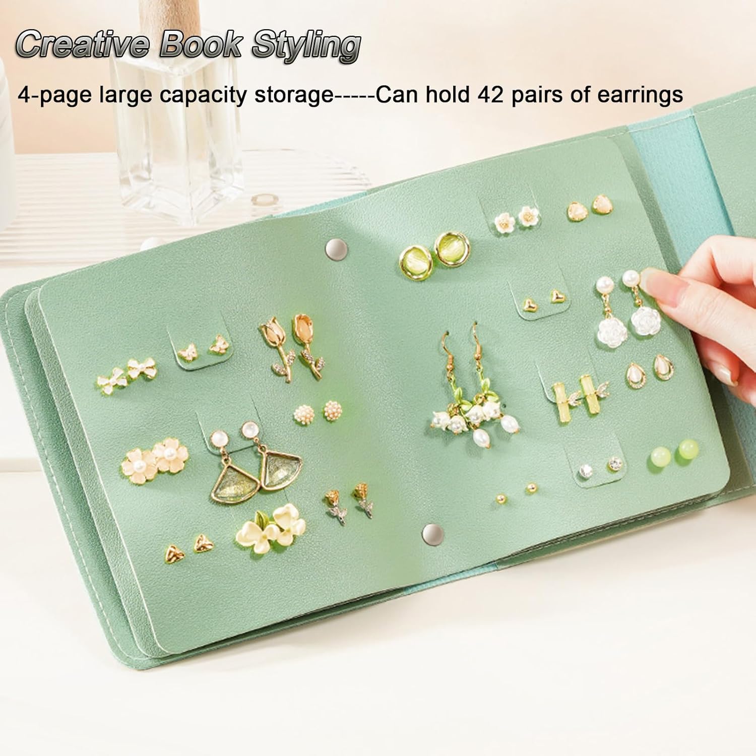 Earring Holder Organizer with Foldable Book Design Jewelry Book Organizer, Portable Pu Leather Travel Earring Case(Green) - Image 3