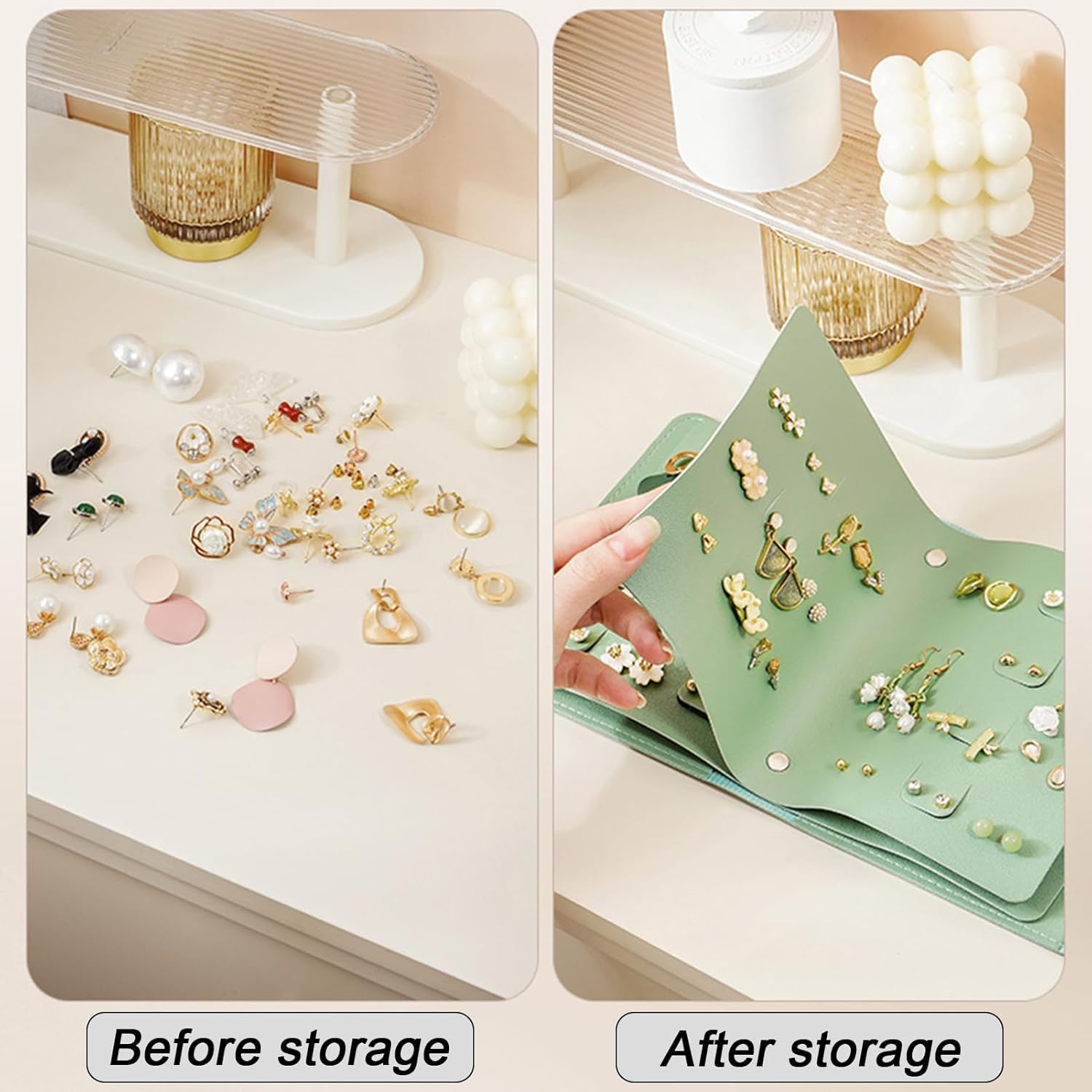 Earring Holder Organizer with Foldable Book Design Jewelry Book Organizer, Portable Pu Leather Travel Earring Case(Green) - Image 4