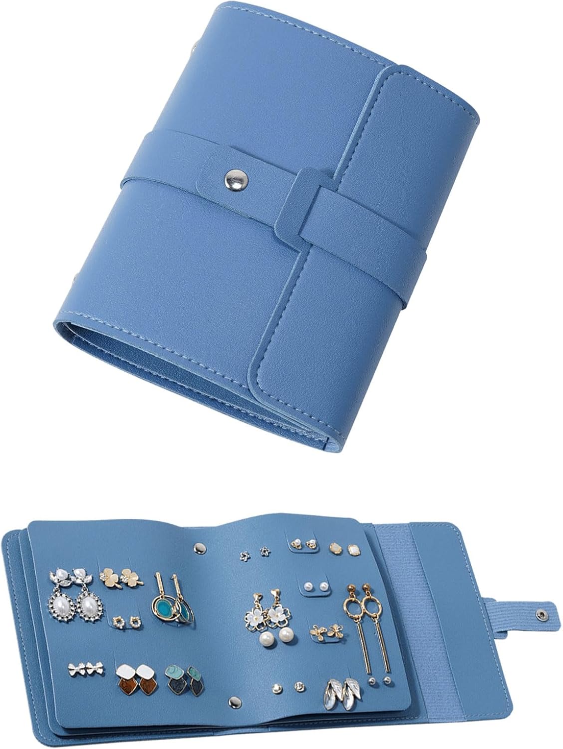 Earring Holder Organizer with Foldable Book Design Jewelry Book Organizer, Portable Pu Leather Travel Earring Case(Blue) - Image 1
