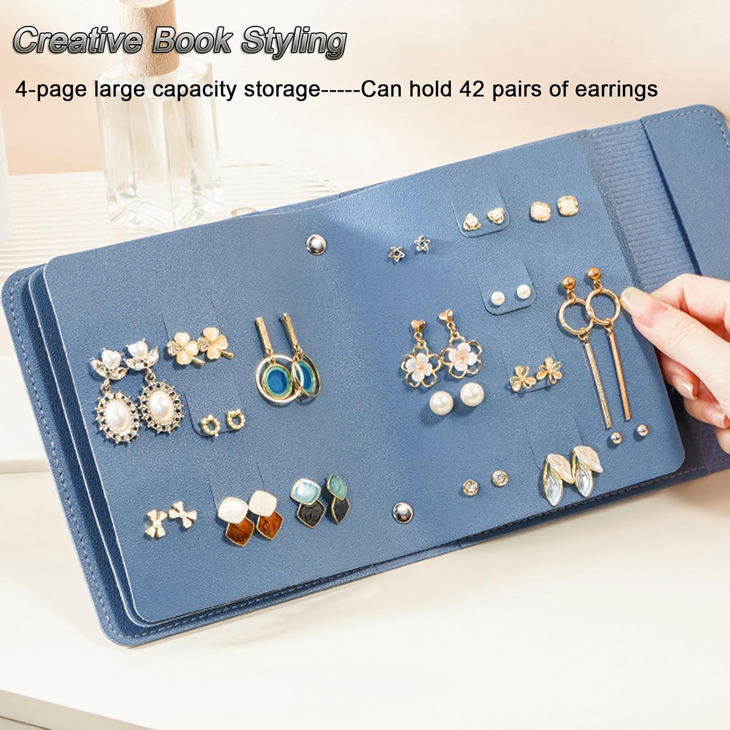 Earring Holder Organizer with Foldable Book Design Jewelry Book Organizer, Portable Pu Leather Travel Earring Case(Blue) - Image 3